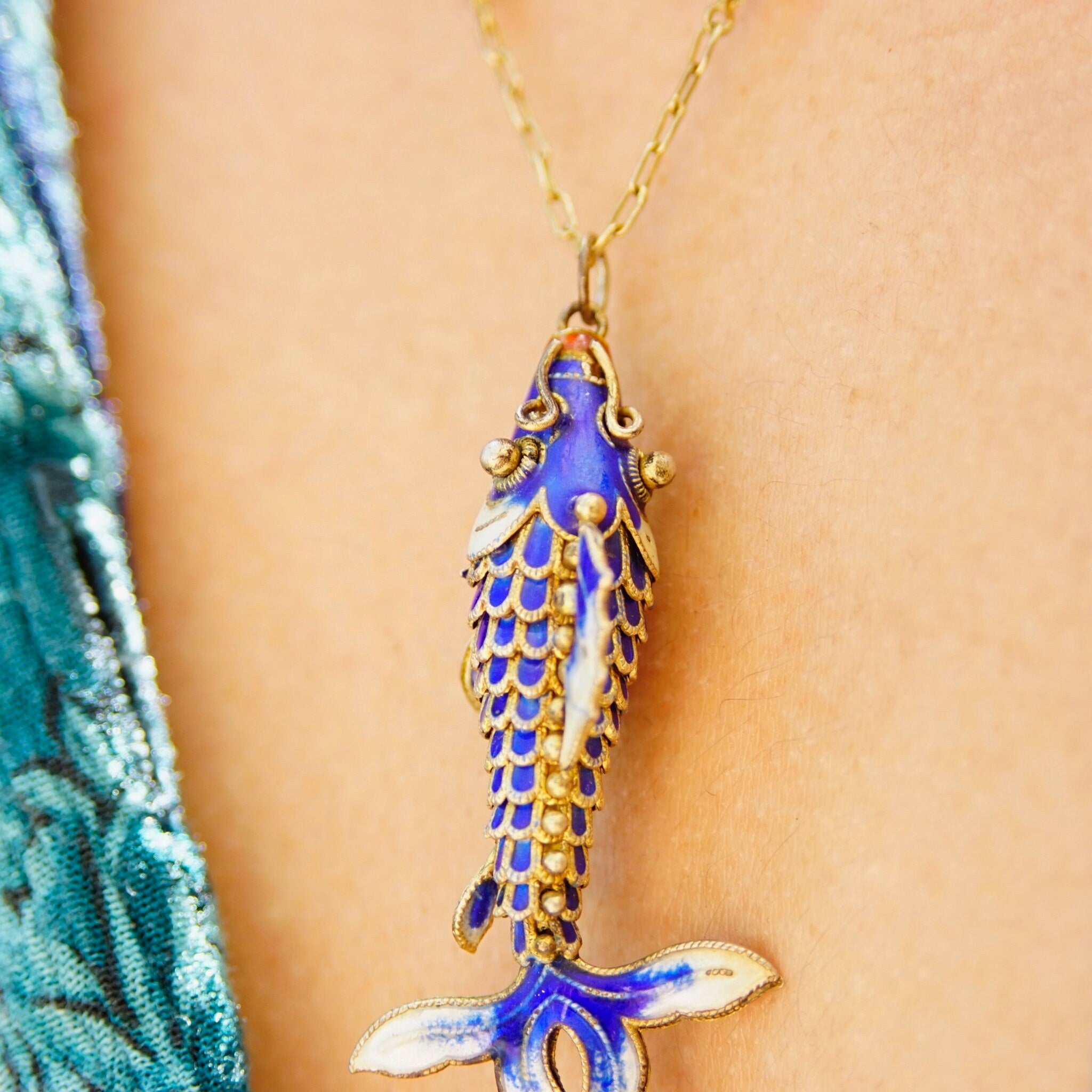 Vintage Chinese Cloisonne Enamel Koi Fish Pendant Necklace, Articulated Blue Enamel Pendant With Matching Gold Tone Chain, 23" Long