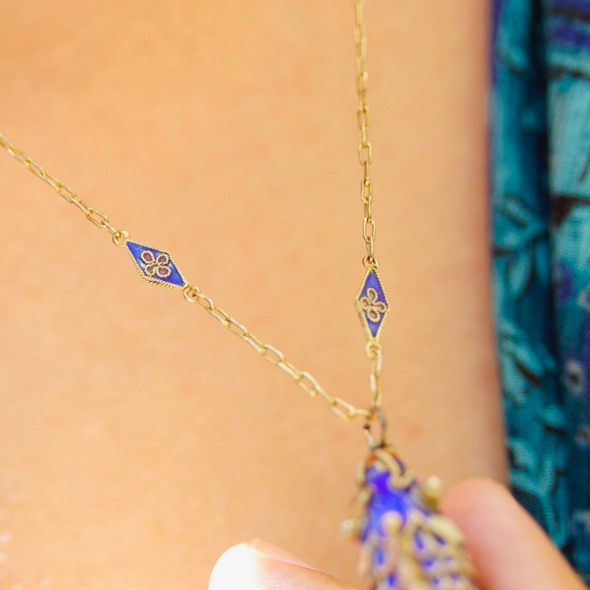 Vintage Chinese Cloisonne Enamel Koi Fish Pendant Necklace, Articulated Blue Enamel Pendant With Matching Gold Tone Chain, 23" Long