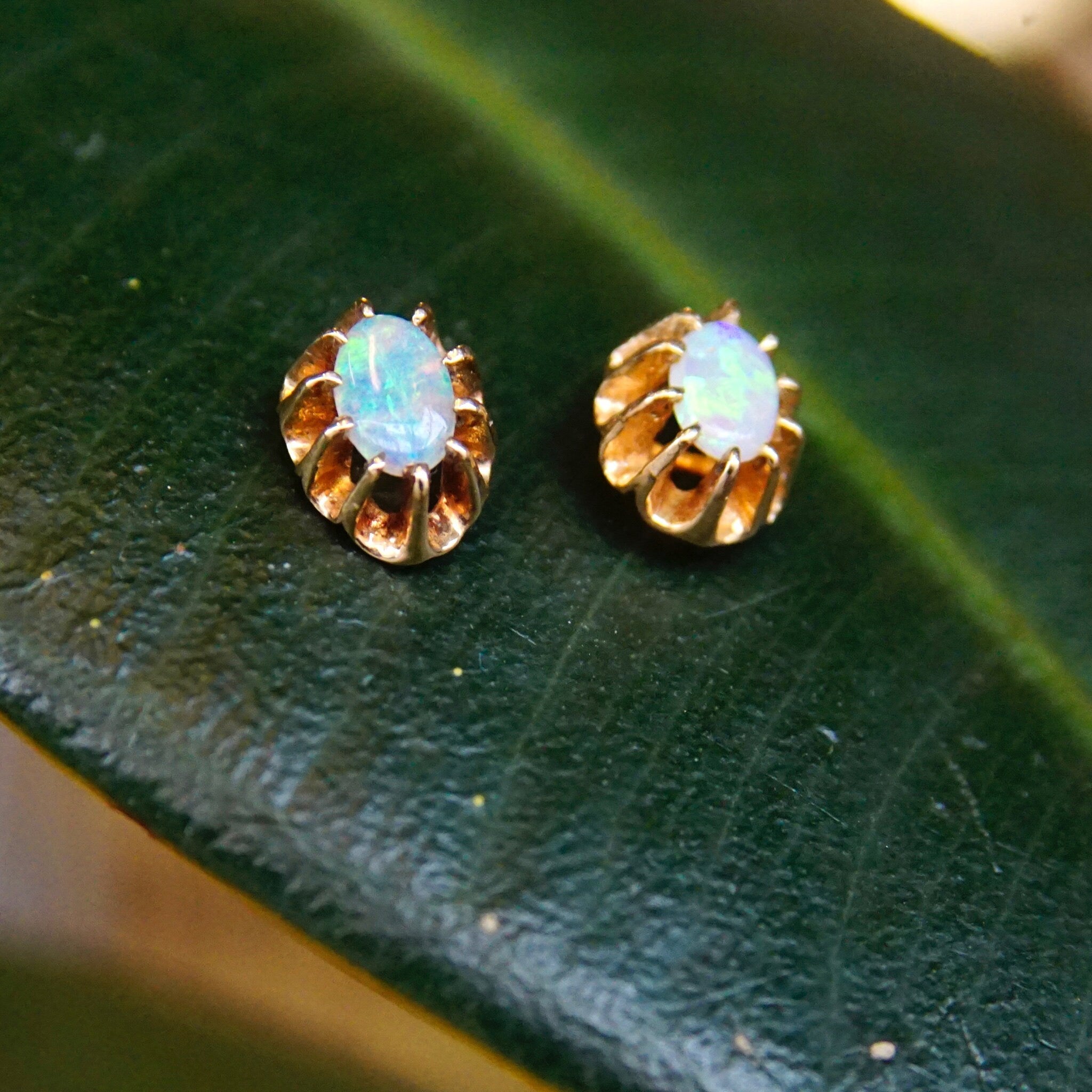Vintage 14K Gold Prong Set Opal Stud Earrings, Gorgeous Opalescent Earrings With Gold Backings, Petite Gold Earrings, October Birthstone