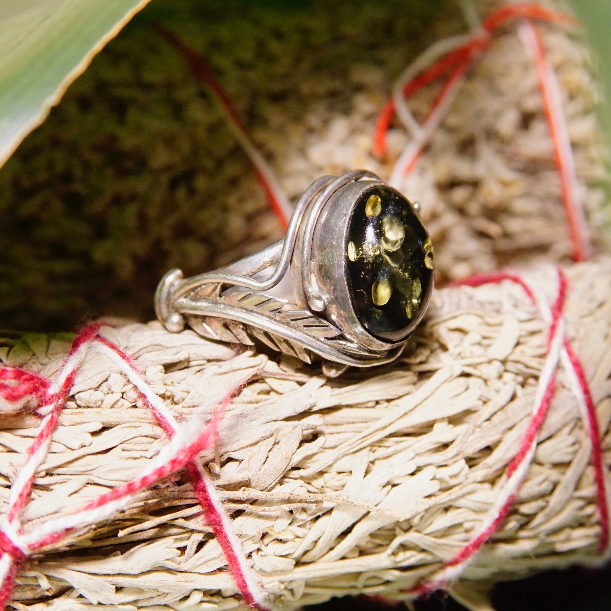 Vintage Green Baltic Amber Sterling Silver Ring, Natural Amber With Beautiful Inclusions, Silver Leaf/Feather Design, 925 Ring, 7 3/4 US