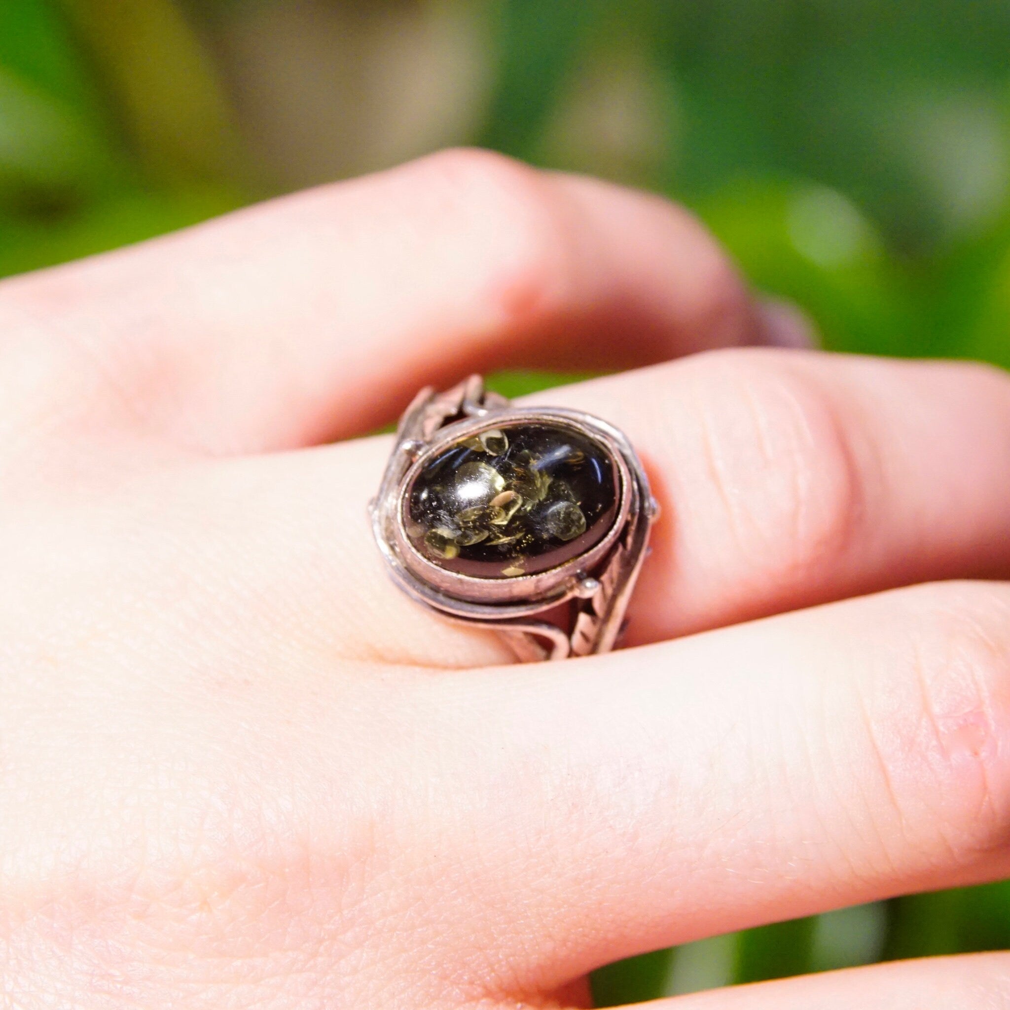 Vintage Green Baltic Amber Sterling Silver Ring, Natural Amber With Beautiful Inclusions, Silver Leaf/Feather Design, 925 Ring, 7 3/4 US