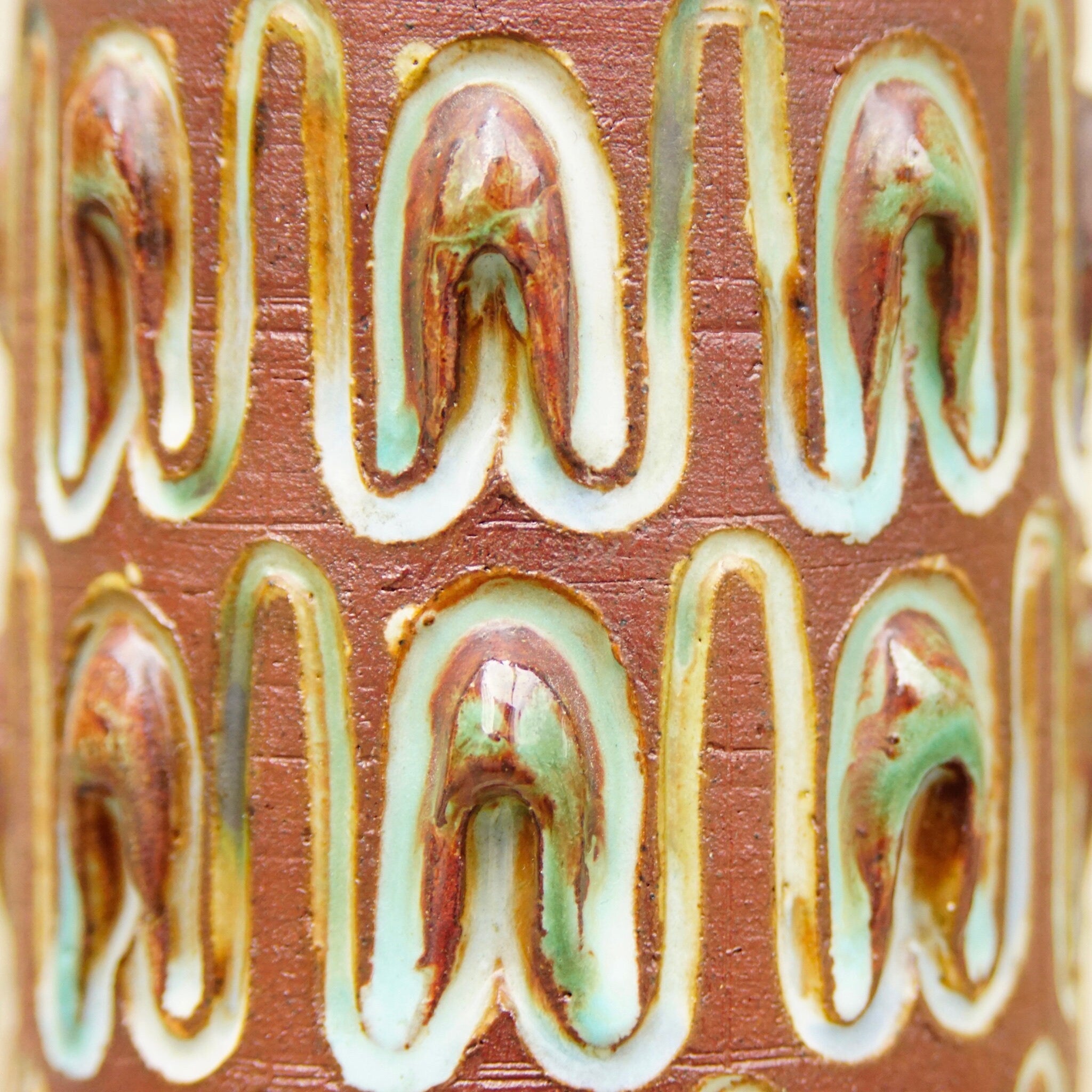 Mid-Century Scandinavian Glazed Ceramic Vase, Vintage Denmark Carved Ceramic Vase/Brush Holder, Unique Patterned Flower Vase, 8 1/4" H