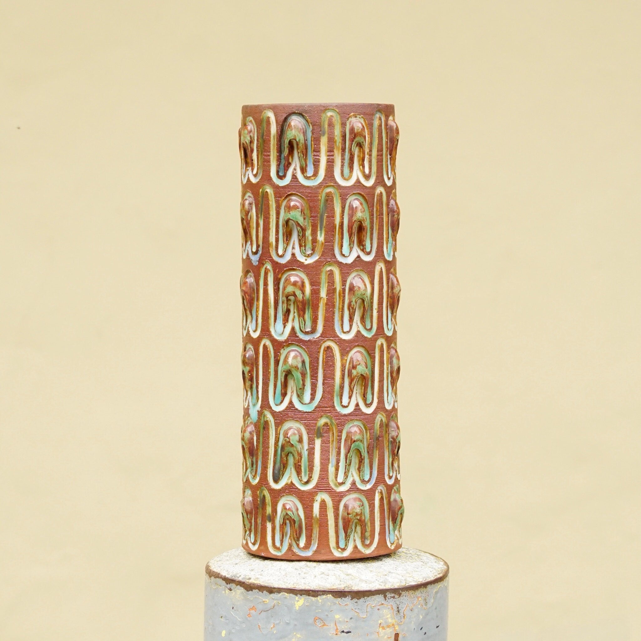 Mid-Century Scandinavian Glazed Ceramic Vase, Vintage Denmark Carved Ceramic Vase/Brush Holder, Unique Patterned Flower Vase, 8 1/4" H