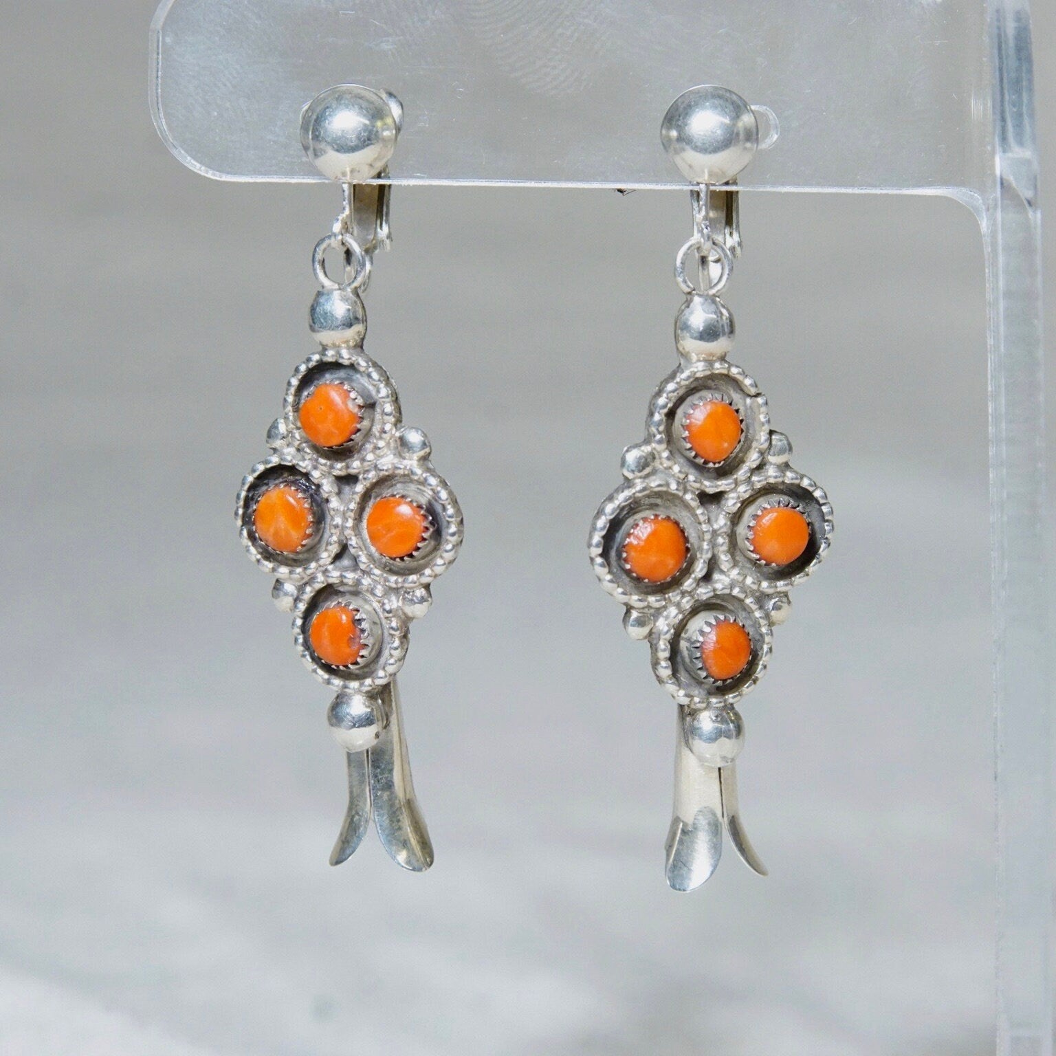 Vintage Signed B Natewa Zuni Snake Eye Coral Squash Blossom Dangle Earrings, Native American Sterling Silver Clip-On Earrings
