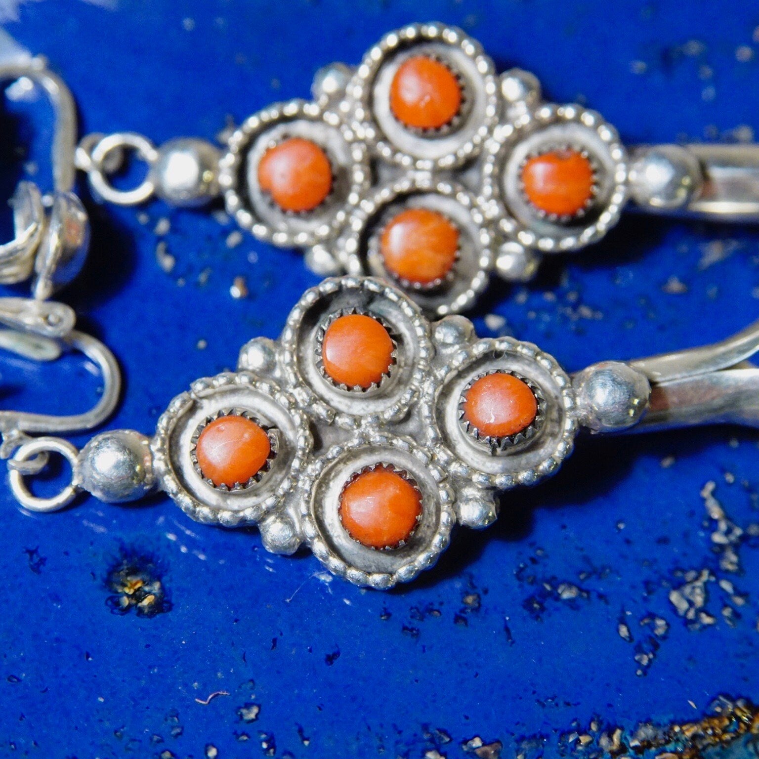 Vintage Signed B Natewa Zuni Snake Eye Coral Squash Blossom Dangle Earrings, Native American Sterling Silver Clip-On Earrings