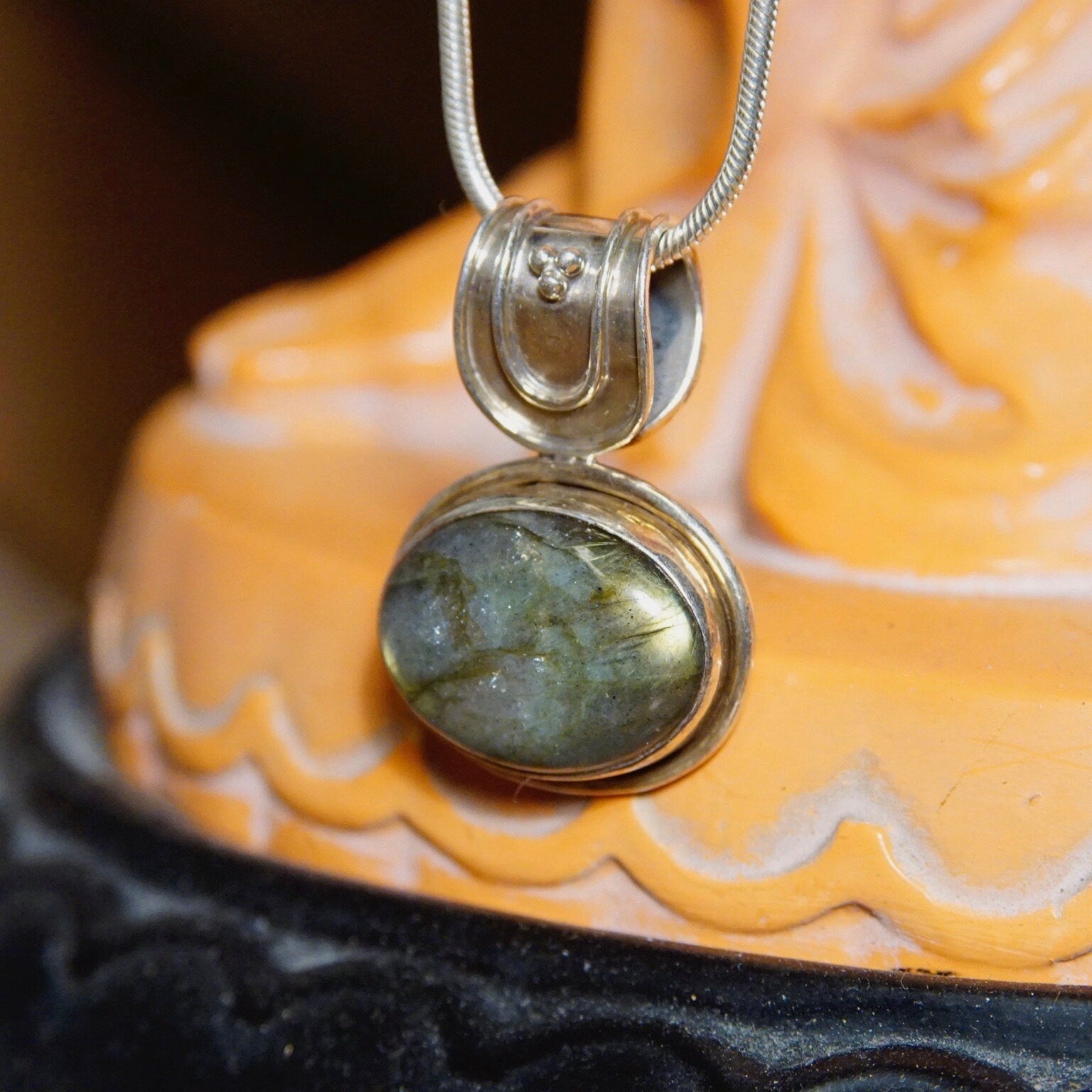 Vintage Sterling Silver Labradorite Pendant Necklace, 1.5mm Snake Chain Necklace, Iridescent Labradorite Stone, Large Bail, 24" Long