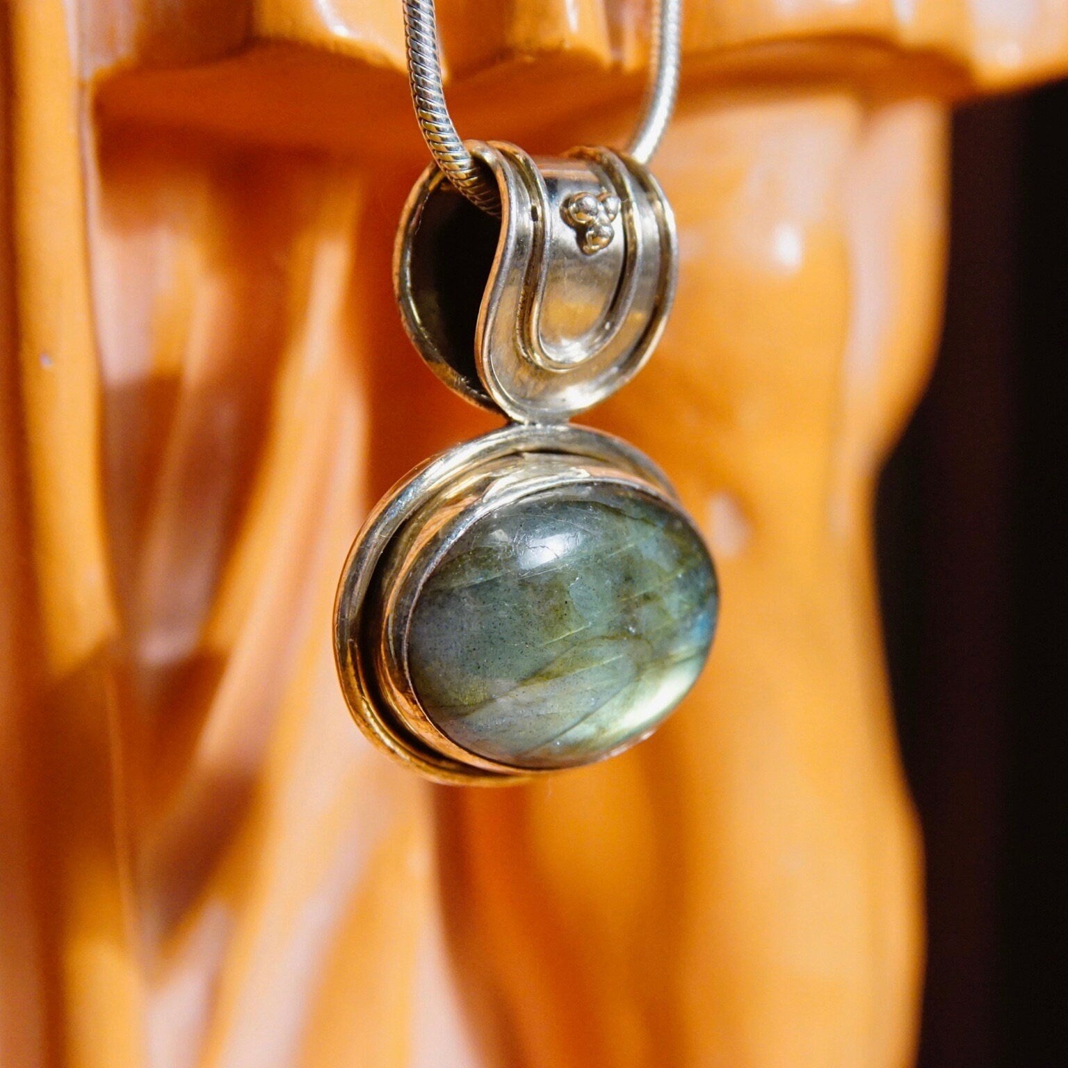 Vintage Sterling Silver Labradorite Pendant Necklace, 1.5mm Snake Chain Necklace, Iridescent Labradorite Stone, Large Bail, 24" Long