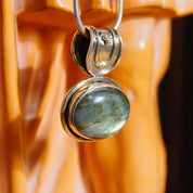 Vintage Sterling Silver Labradorite Pendant Necklace, 1.5mm Snake Chain Necklace, Iridescent Labradorite Stone, Large Bail, 24" Long