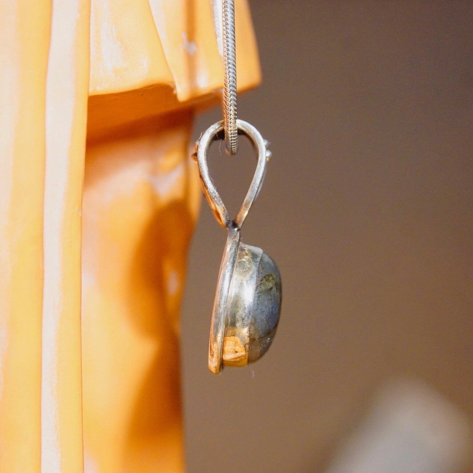 Vintage Sterling Silver Labradorite Pendant Necklace, 1.5mm Snake Chain Necklace, Iridescent Labradorite Stone, Large Bail, 24" Long