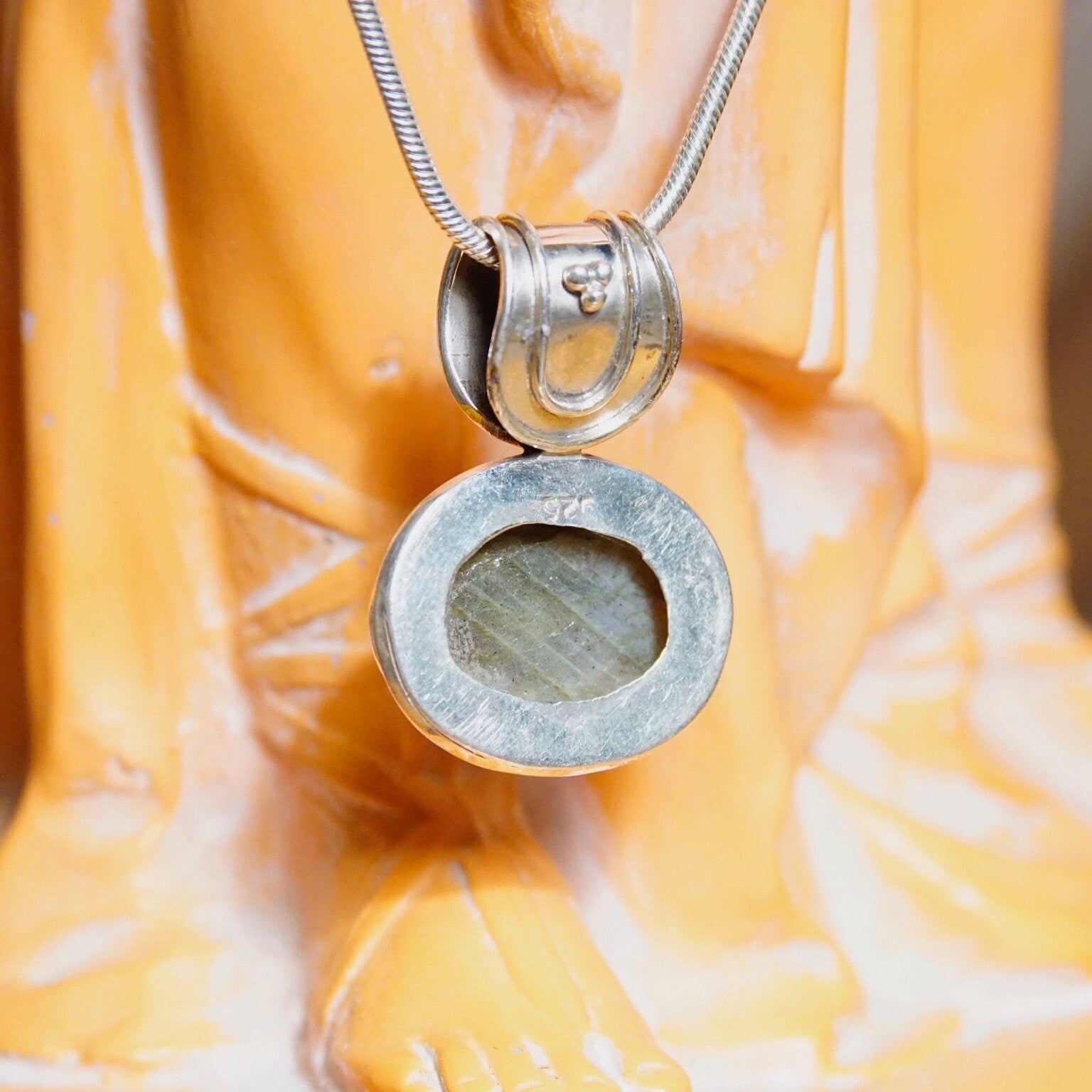 Vintage Sterling Silver Labradorite Pendant Necklace, 1.5mm Snake Chain Necklace, Iridescent Labradorite Stone, Large Bail, 24" Long