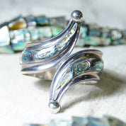 Vintage TAXCO Sterling Silver Abalone Hinge Cuff, Iridescent Shell Inlay Bracelet, Large Ornate Silver Cuff Bracelet, Statement Jewelry