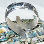 Vintage TAXCO Sterling Silver Abalone Hinge Cuff, Iridescent Shell Inlay Bracelet, Large Ornate Silver Cuff Bracelet, Statement Jewelry