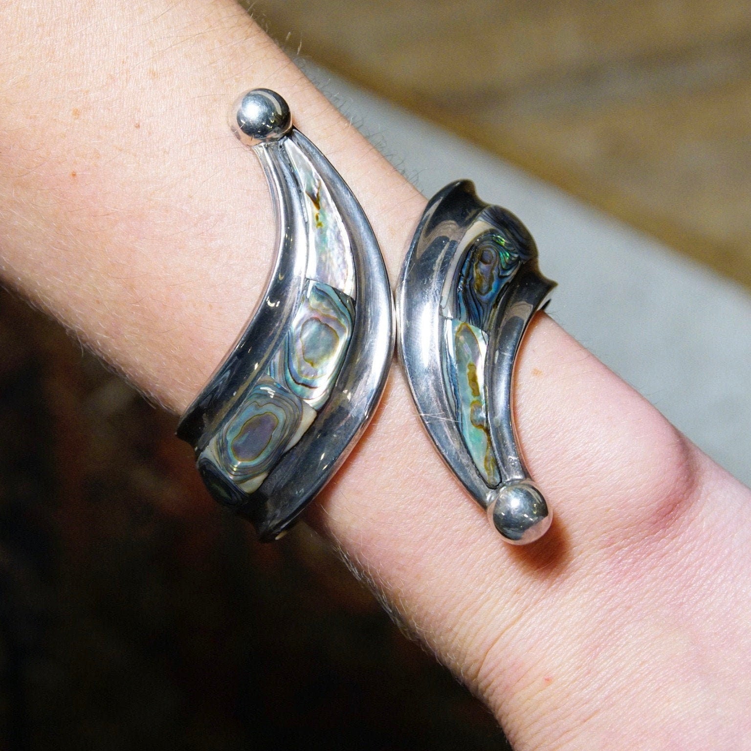 Vintage TAXCO Sterling Silver Abalone Hinge Cuff, Iridescent Shell Inlay Bracelet, Large Ornate Silver Cuff Bracelet, Statement Jewelry