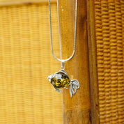 Vintage Sterling Silver Baltic Amber Fish Pendant Necklace, Green Baltic Amber With Beautiful Inclusions, 1.5mm Box Chain, 30" Long Necklace