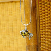 Vintage Sterling Silver Baltic Amber Fish Pendant Necklace, Green Baltic Amber With Beautiful Inclusions, 1.5mm Box Chain, 30" Long Necklace