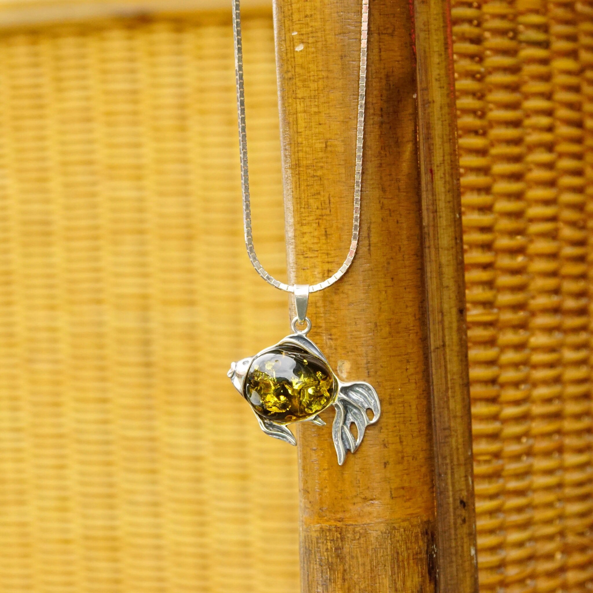 Vintage Sterling Silver Baltic Amber Fish Pendant Necklace, Green Baltic Amber With Beautiful Inclusions, 1.5mm Box Chain, 30" Long Necklace