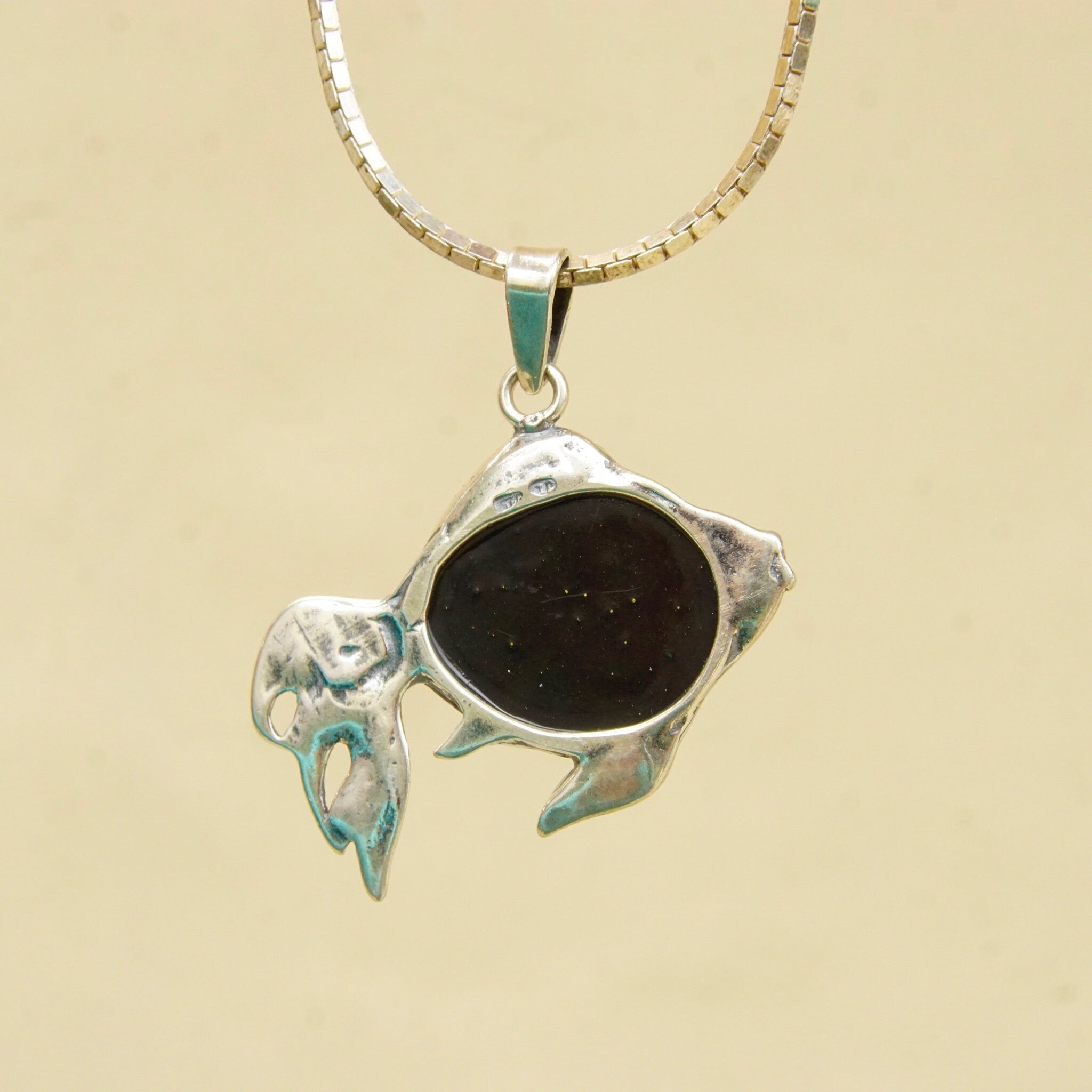 Vintage Sterling Silver Baltic Amber Fish Pendant Necklace, Green Baltic Amber With Beautiful Inclusions, 1.5mm Box Chain, 30" Long Necklace