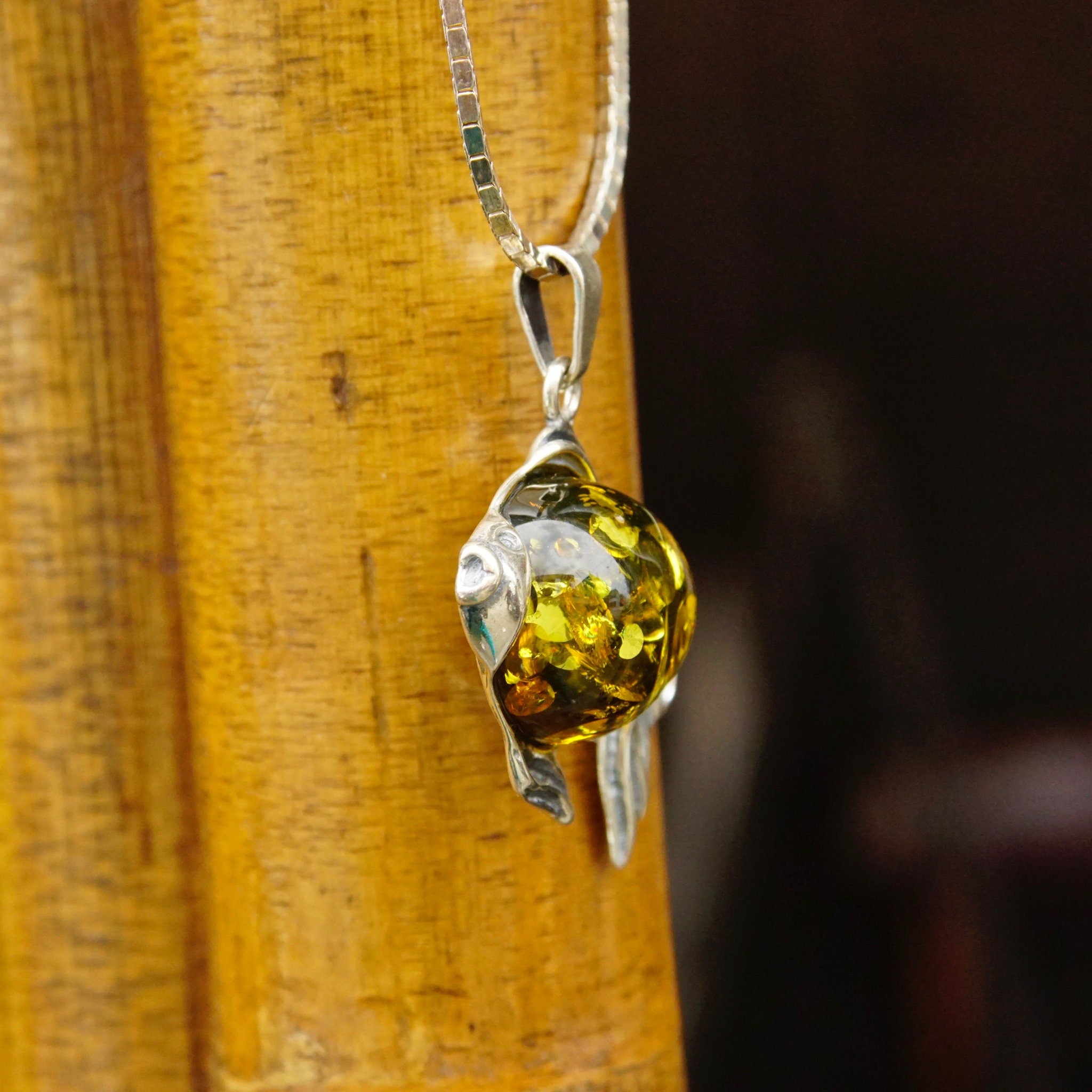 Vintage Sterling Silver Baltic Amber Fish Pendant Necklace, Green Baltic Amber With Beautiful Inclusions, 1.5mm Box Chain, 30" Long Necklace
