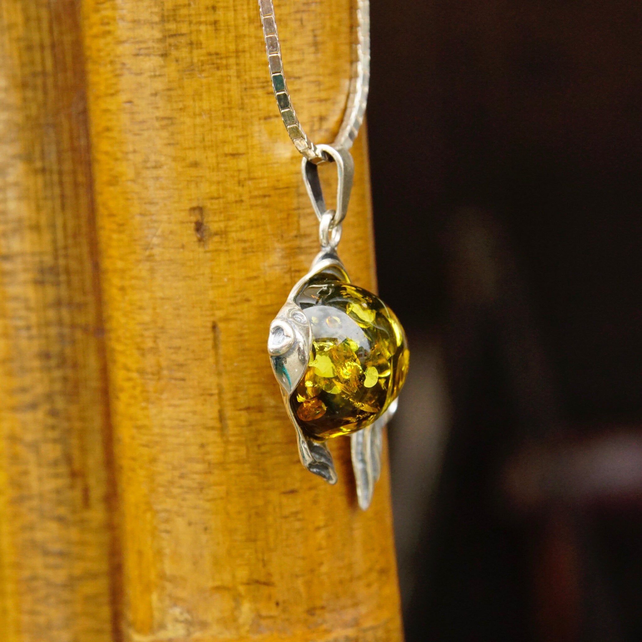 Vintage Sterling Silver Baltic Amber Fish Pendant Necklace, Green Baltic Amber With Beautiful Inclusions, 1.5mm Box Chain, 30" Long Necklace