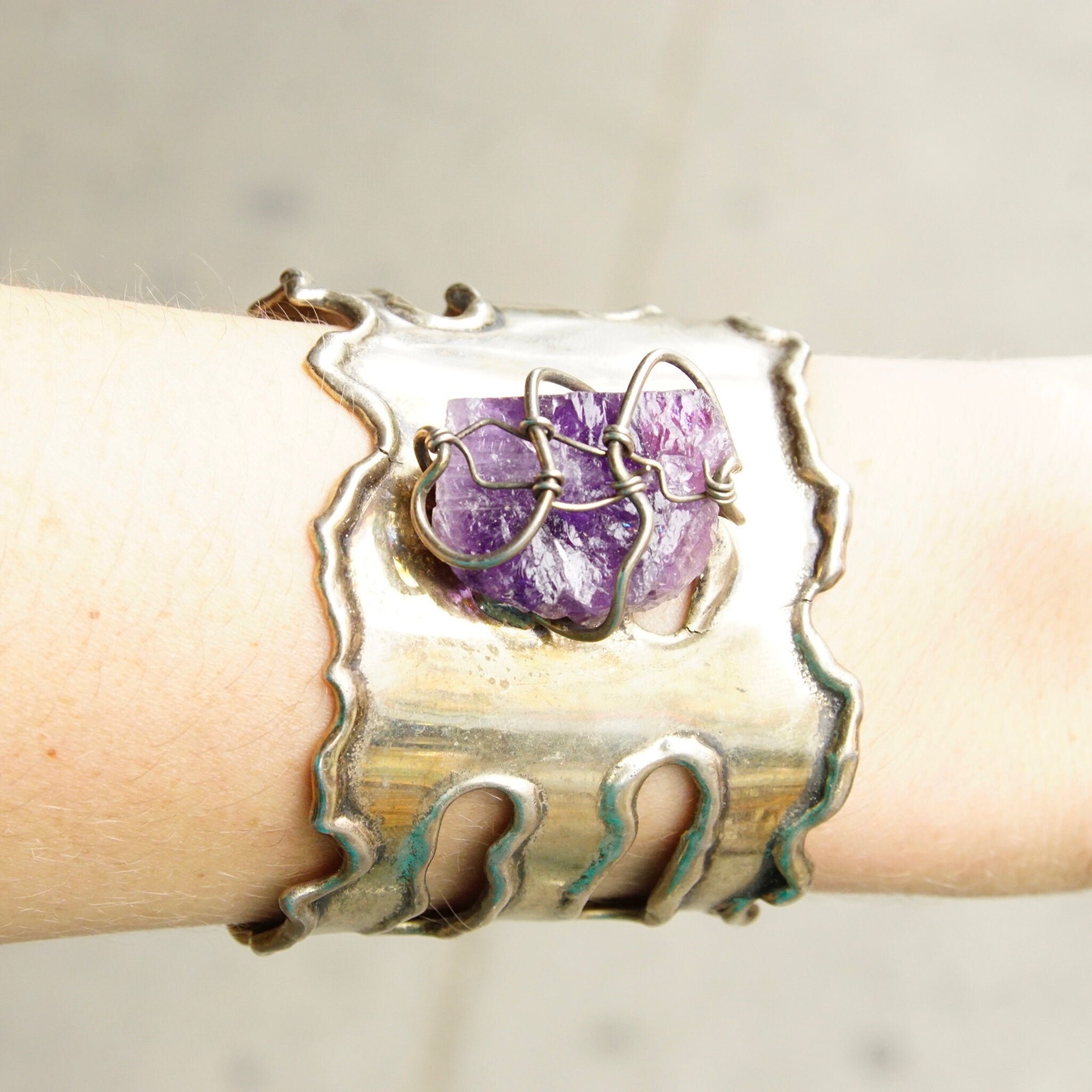 Vintage Brutalist Sterling Silver Amethyst Cuff Bracelet, Large Raw Amethyst Stone In Wire Wrapped Setting, Chunky Silver Cuff, Artisan