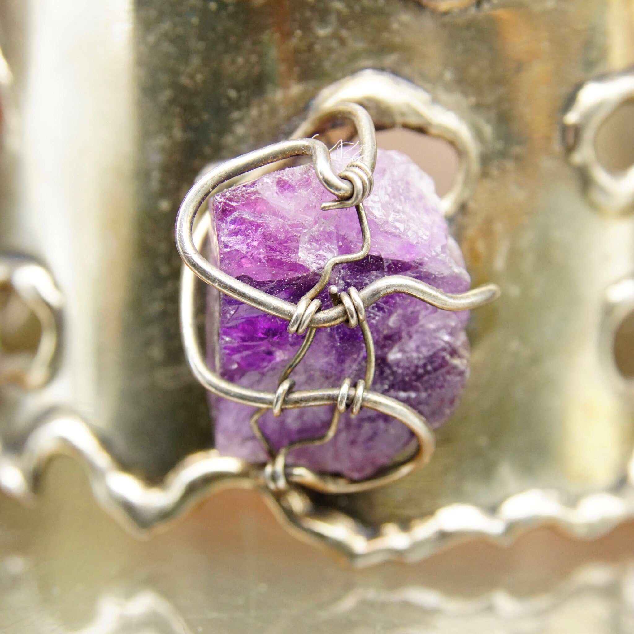 Vintage Brutalist Sterling Silver Amethyst Cuff Bracelet, Large Raw Amethyst Stone In Wire Wrapped Setting, Chunky Silver Cuff, Artisan