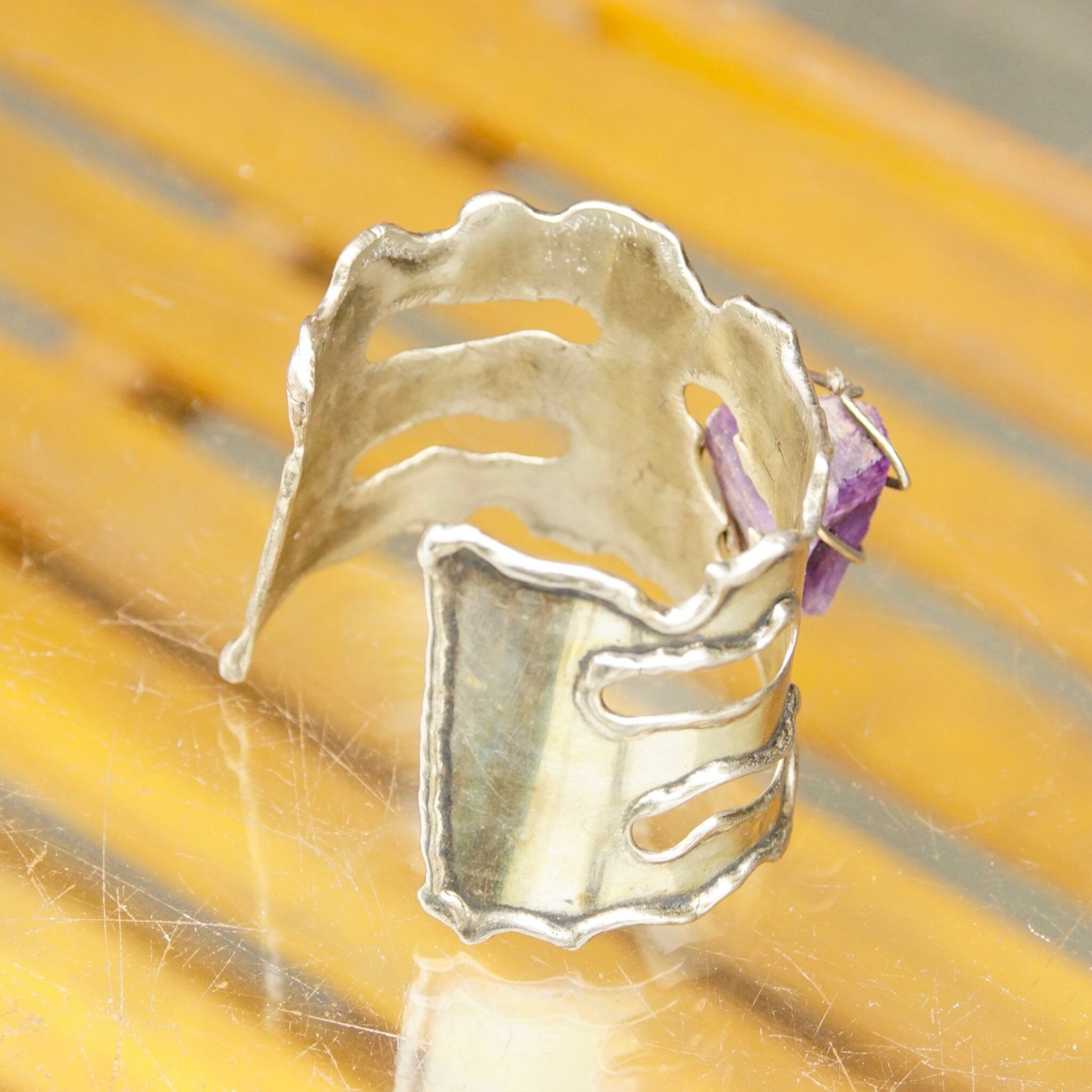 Vintage Brutalist Sterling Silver Amethyst Cuff Bracelet, Large Raw Amethyst Stone In Wire Wrapped Setting, Chunky Silver Cuff, Artisan