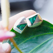 Vintage TAXCO Sterling Silver Mosaic Malachite Stud Earrings, Modernist Silver & Green Stone Earrings, Small Geometric Earrings, 925