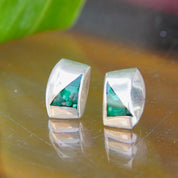 Vintage TAXCO Sterling Silver Mosaic Malachite Stud Earrings, Modernist Silver & Green Stone Earrings, Small Geometric Earrings, 925