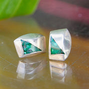 Vintage TAXCO Sterling Silver Mosaic Malachite Stud Earrings, Modernist Silver & Green Stone Earrings, Small Geometric Earrings, 925