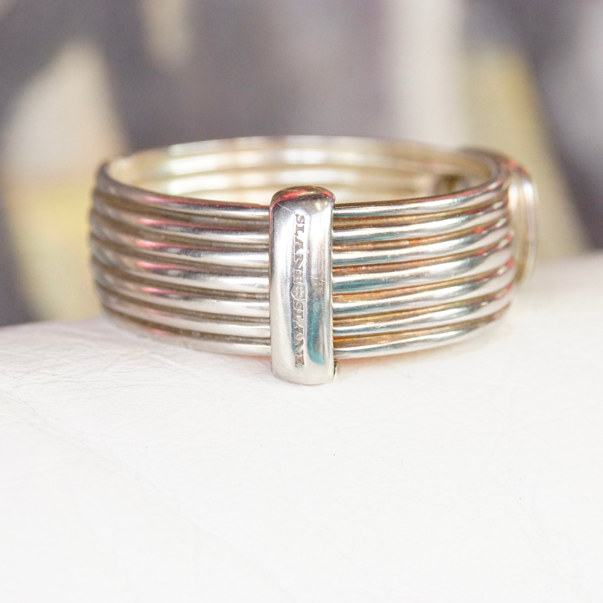 Rare Vintage SLANE & SLANE Sterling Silver Intaglio Bee Hinge Bracelet, Thick Silver Bangle With Carved Quartz Stone, Designer Jewelry, 925