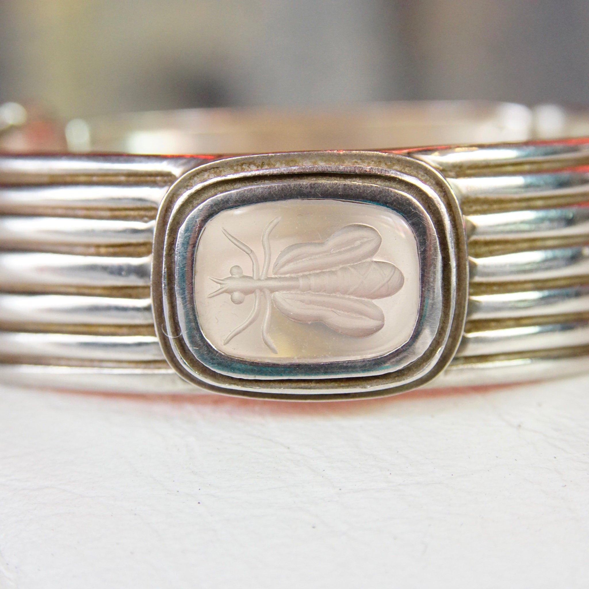 Rare Vintage SLANE & SLANE Sterling Silver Intaglio Bee Hinge Bracelet, Thick Silver Bangle With Carved Quartz Stone, Designer Jewelry, 925
