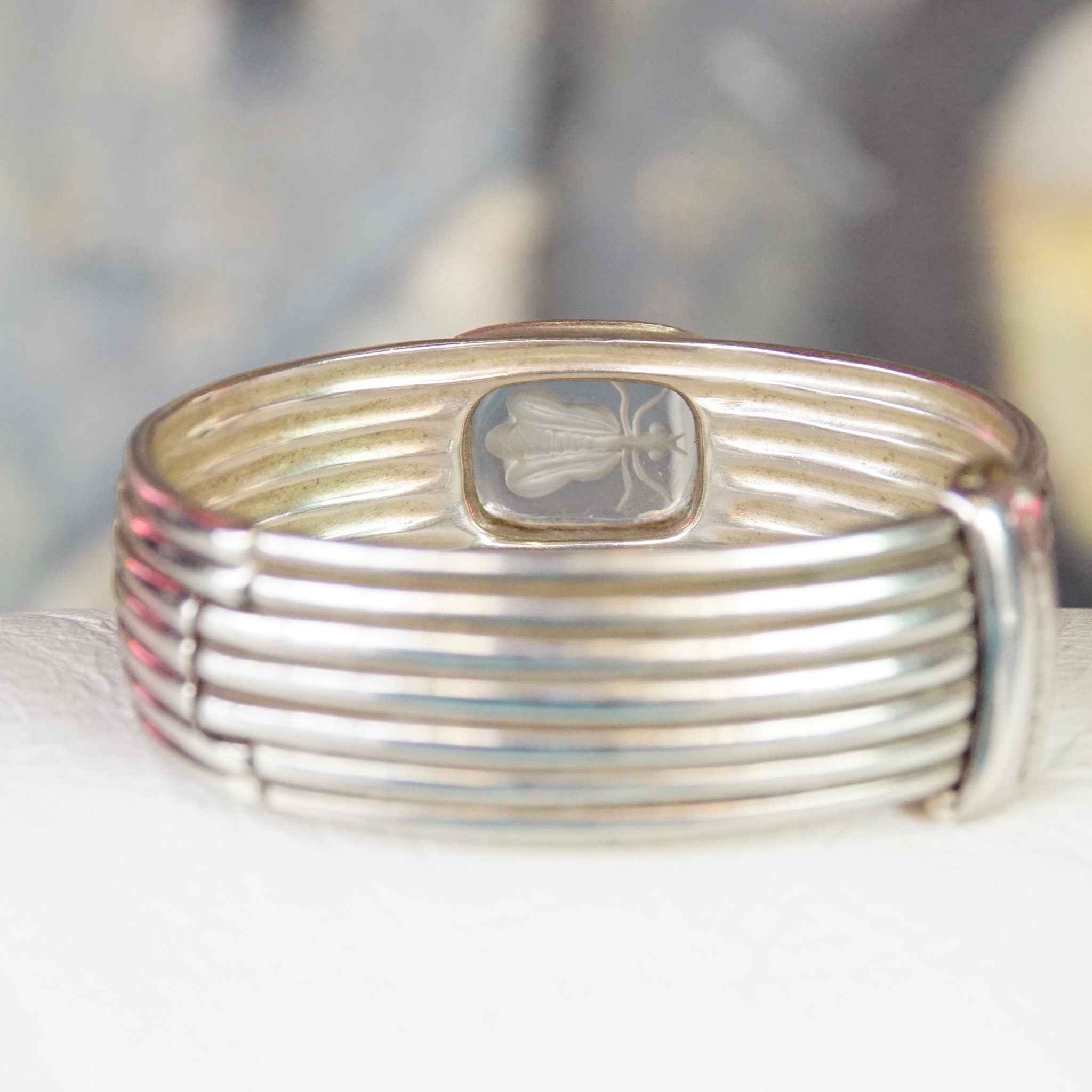 Rare Vintage SLANE & SLANE Sterling Silver Intaglio Bee Hinge Bracelet, Thick Silver Bangle With Carved Quartz Stone, Designer Jewelry, 925