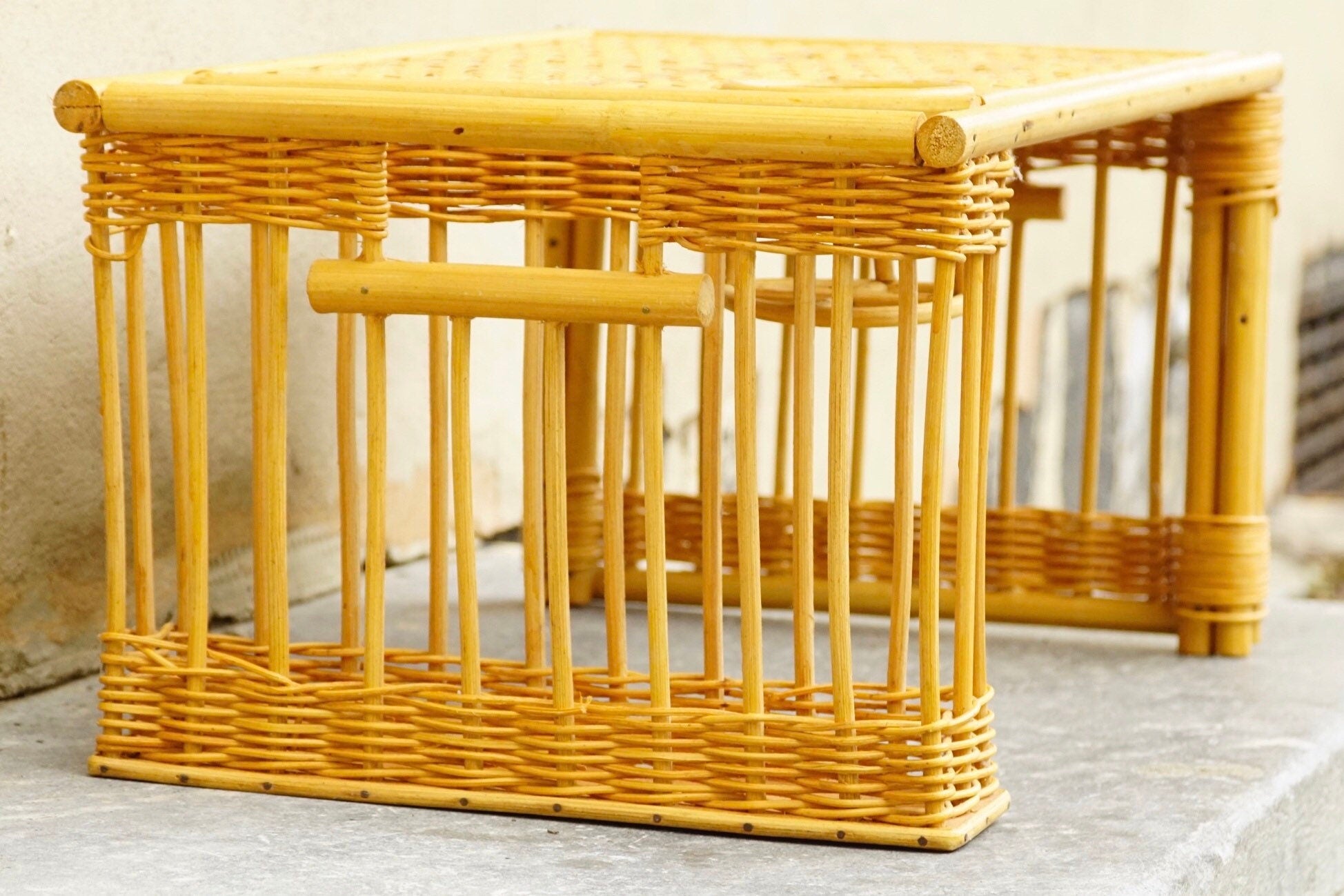 Vintage Natural Bamboo Rattan Bed Tray With Cup Holder & Storage Compartment, Cute/Functional Breakfast In Bed Lap Tray, Boho Chic