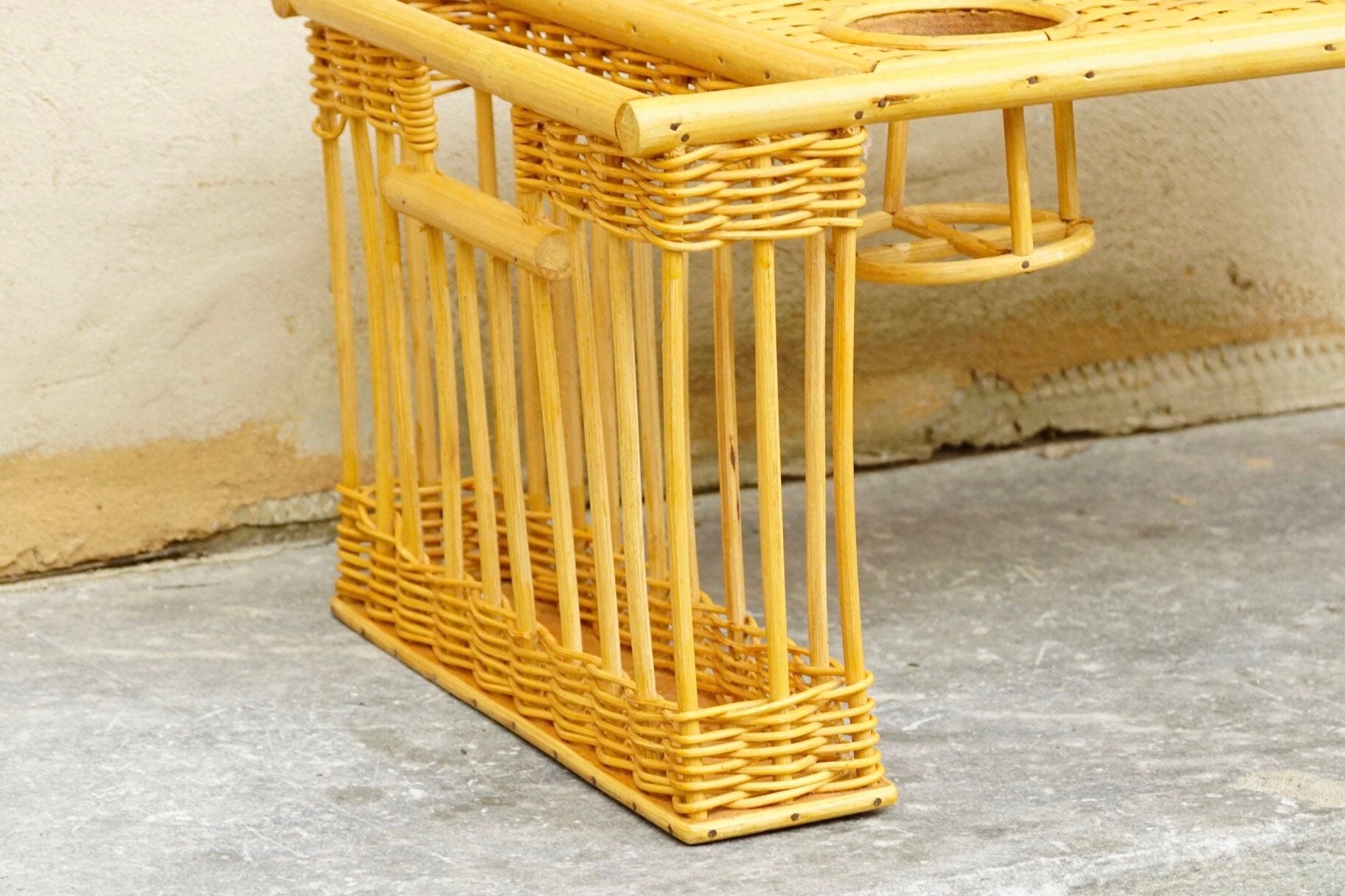 Vintage Natural Bamboo Rattan Bed Tray With Cup Holder & Storage Compartment, Cute/Functional Breakfast In Bed Lap Tray, Boho Chic