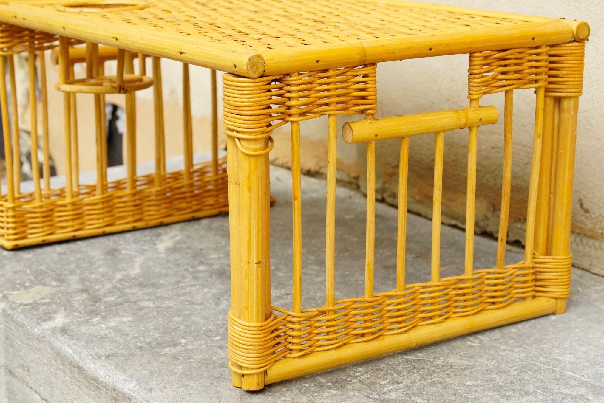 Vintage Natural Bamboo Rattan Bed Tray With Cup Holder & Storage Compartment, Cute/Functional Breakfast In Bed Lap Tray, Boho Chic