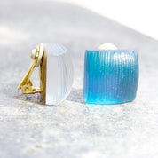 Vintage Designer Alexis Bittar Blue Lucite Square Clip On Earrings, Spectacular Ridged Iridescent Clear/Blue Lucite Earrings, 7/8"
