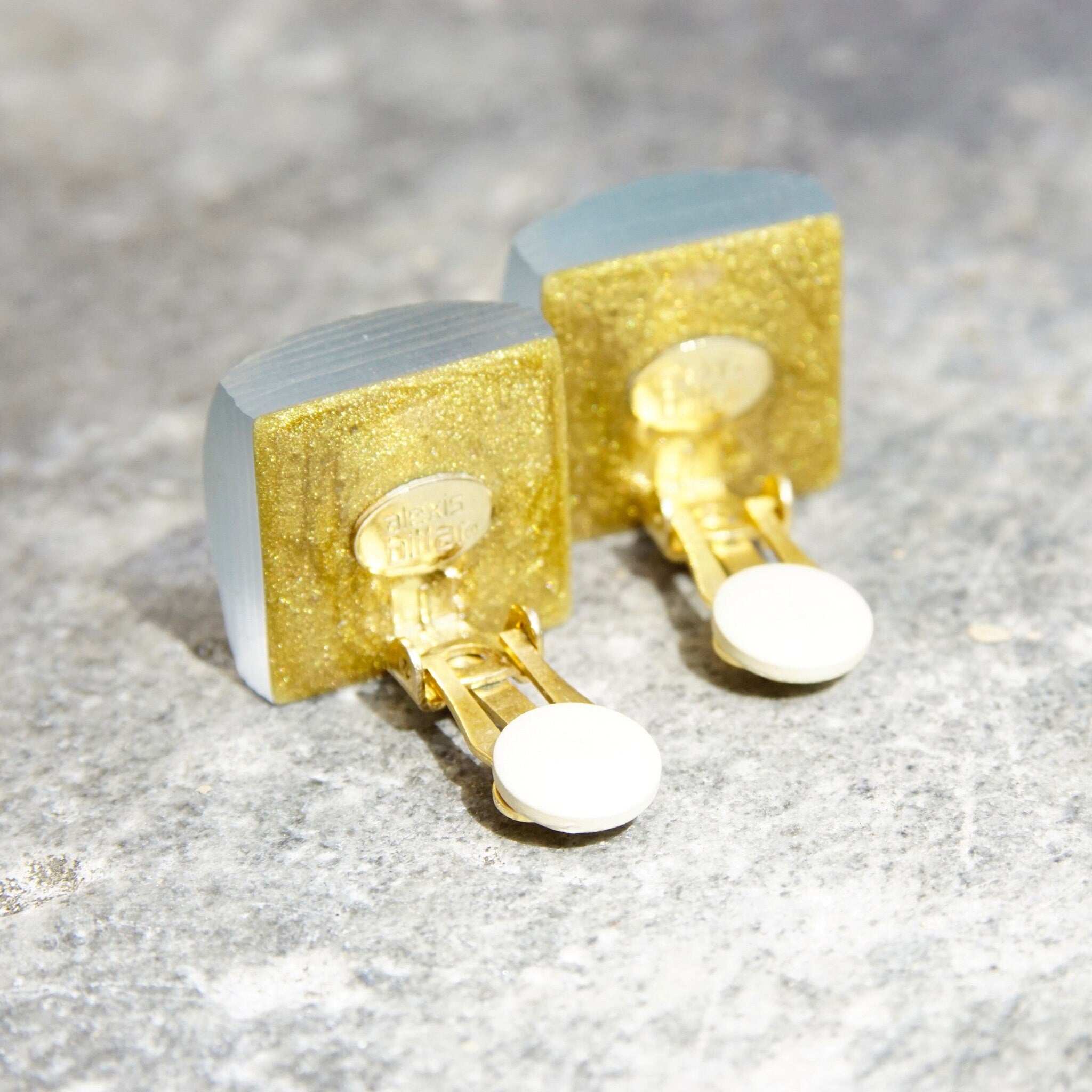 Vintage Designer Alexis Bittar Blue Lucite Square Clip On Earrings, Spectacular Ridged Iridescent Clear/Blue Lucite Earrings, 7/8"