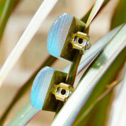 Vintage Designer Alexis Bittar Blue Lucite Square Clip On Earrings, Spectacular Ridged Iridescent Clear/Blue Lucite Earrings, 7/8"