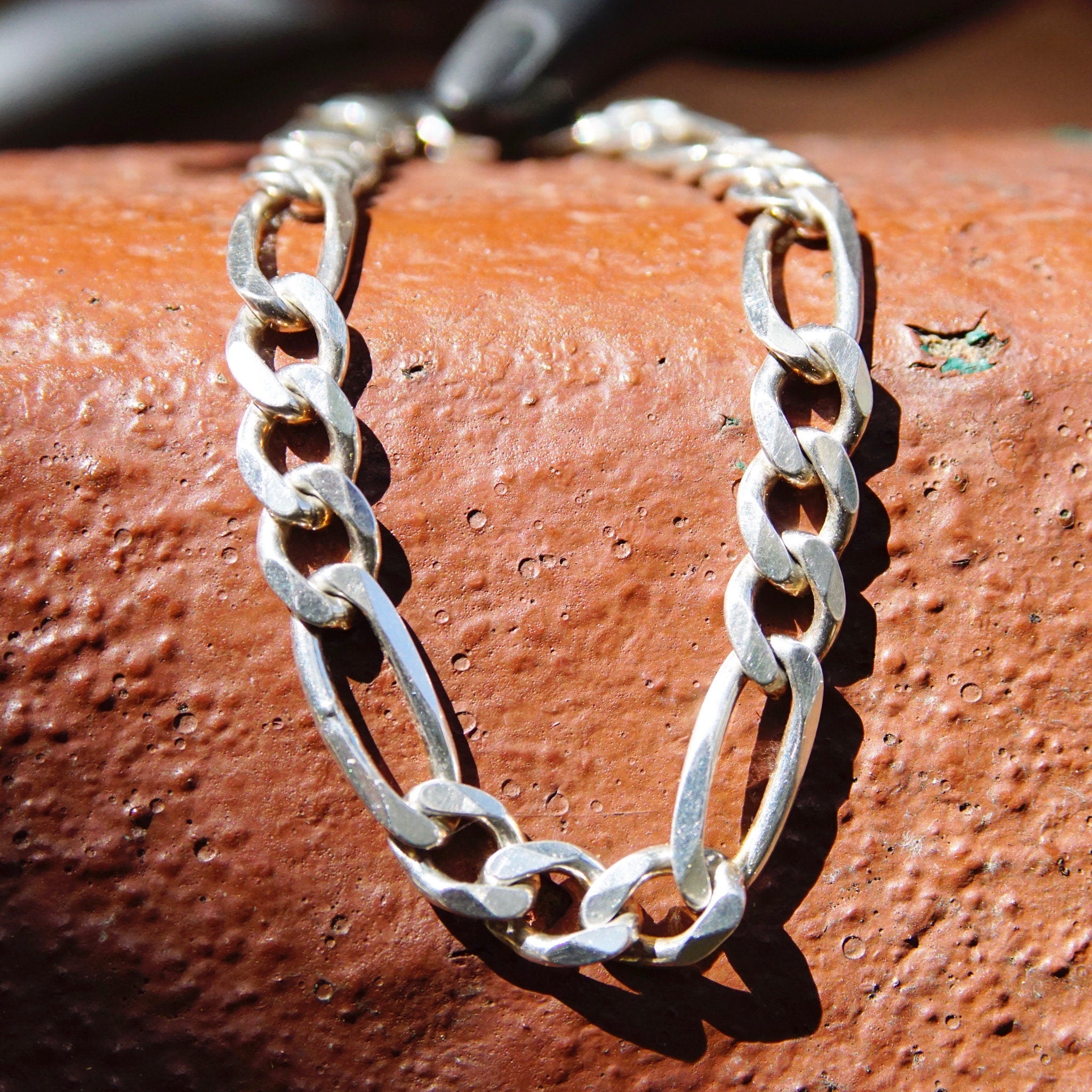Vintage Sterling Silver Figaro Chain Bracelet, Classic Figaro Chain 7mm, Italian 925 Figaro Bracelet, Minimalist Silver Bracelet, 8" Long