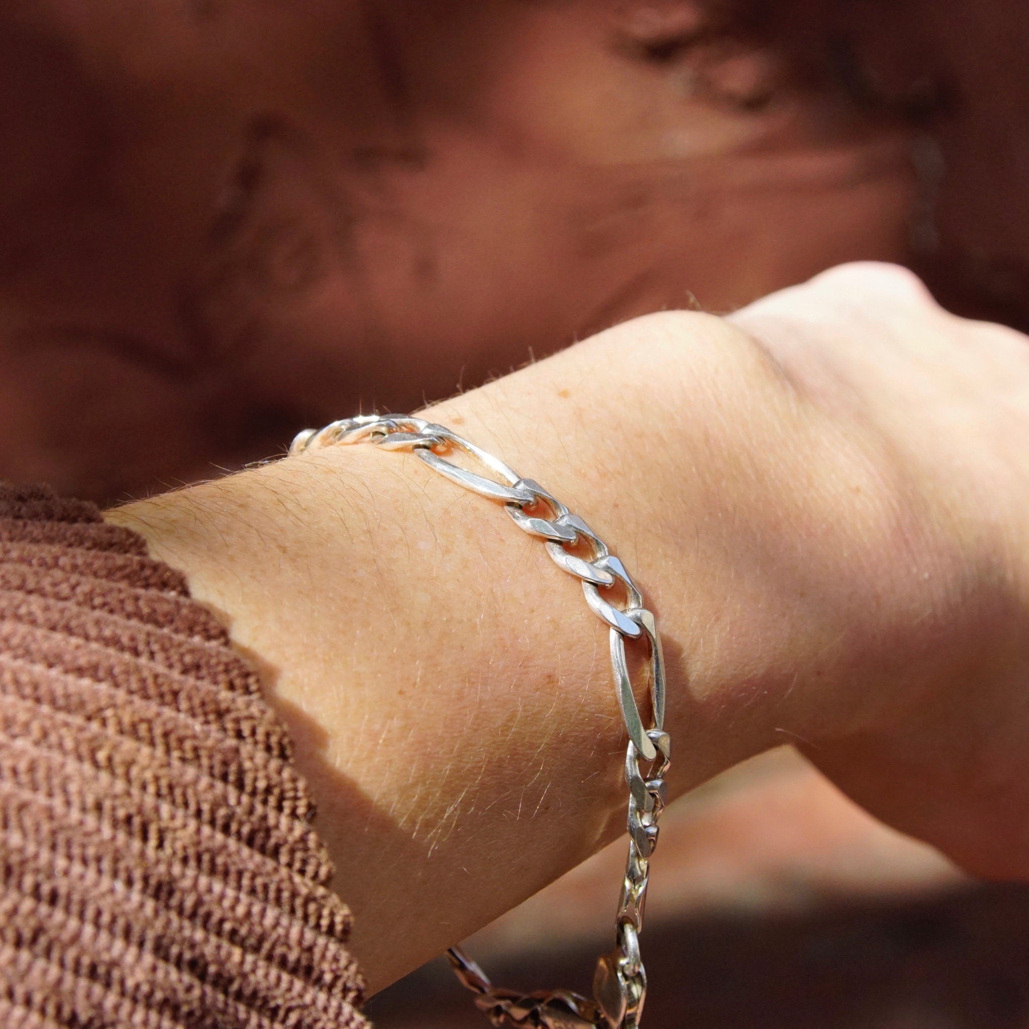 Vintage Sterling Silver Figaro Chain Bracelet, Classic Figaro Chain 7mm, Italian 925 Figaro Bracelet, Minimalist Silver Bracelet, 8" Long