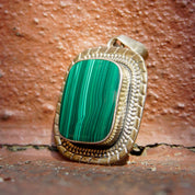 Vintage ATI Mexico Sterling Silver Malachite Pendant, Ornate Silver Frame With Bevel Set Stone, Banded Malachite, 925