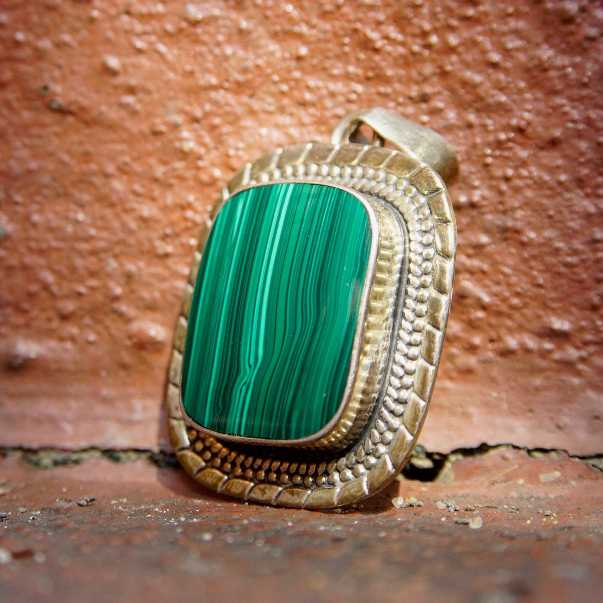 Vintage ATI Mexico Sterling Silver Malachite Pendant, Ornate Silver Frame With Bevel Set Stone, Banded Malachite, 925