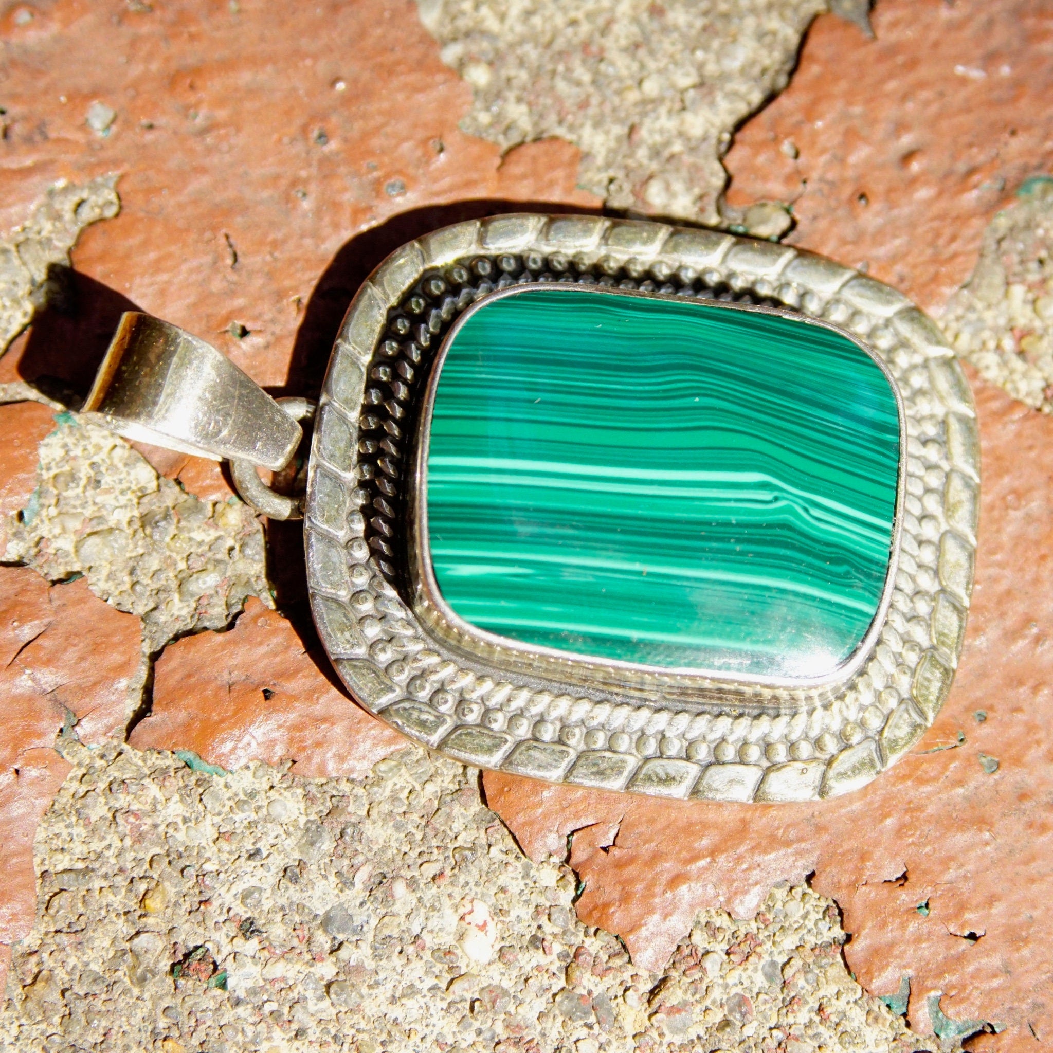 Vintage ATI Mexico Sterling Silver Malachite Pendant, Ornate Silver Frame With Bevel Set Stone, Banded Malachite, 925