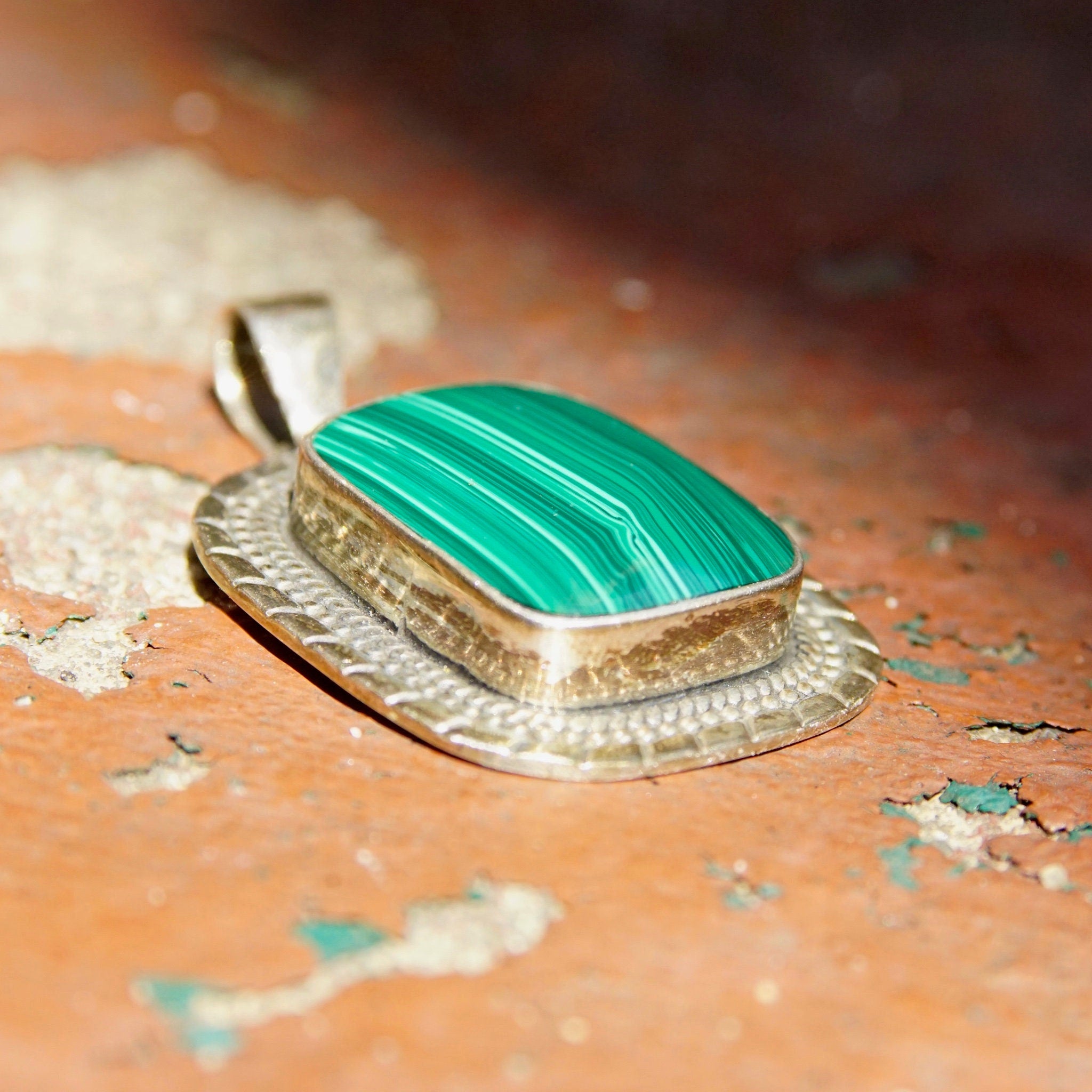 Vintage ATI Mexico Sterling Silver Malachite Pendant, Ornate Silver Frame With Bevel Set Stone, Banded Malachite, 925