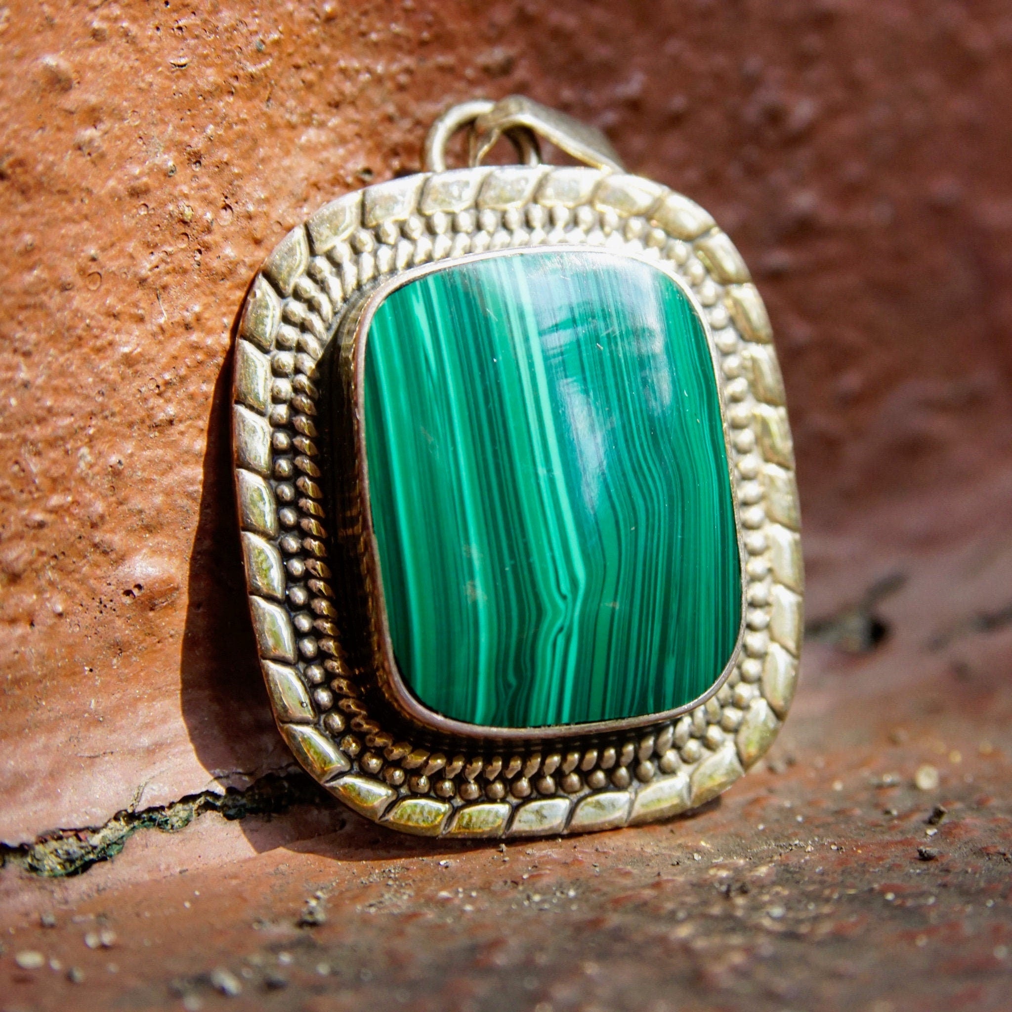 Vintage ATI Mexico Sterling Silver Malachite Pendant, Ornate Silver Frame With Bevel Set Stone, Banded Malachite, 925
