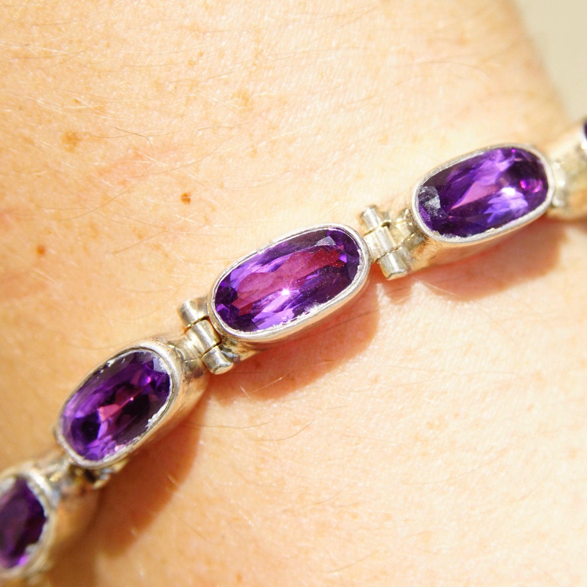 Vintage Sterling Silver Amethyst Tennis Bracelet, Oval Cut Amethyst Stones, Bezel Set Gemstone Bracelet, Signed INDO KC 925, 8" Long