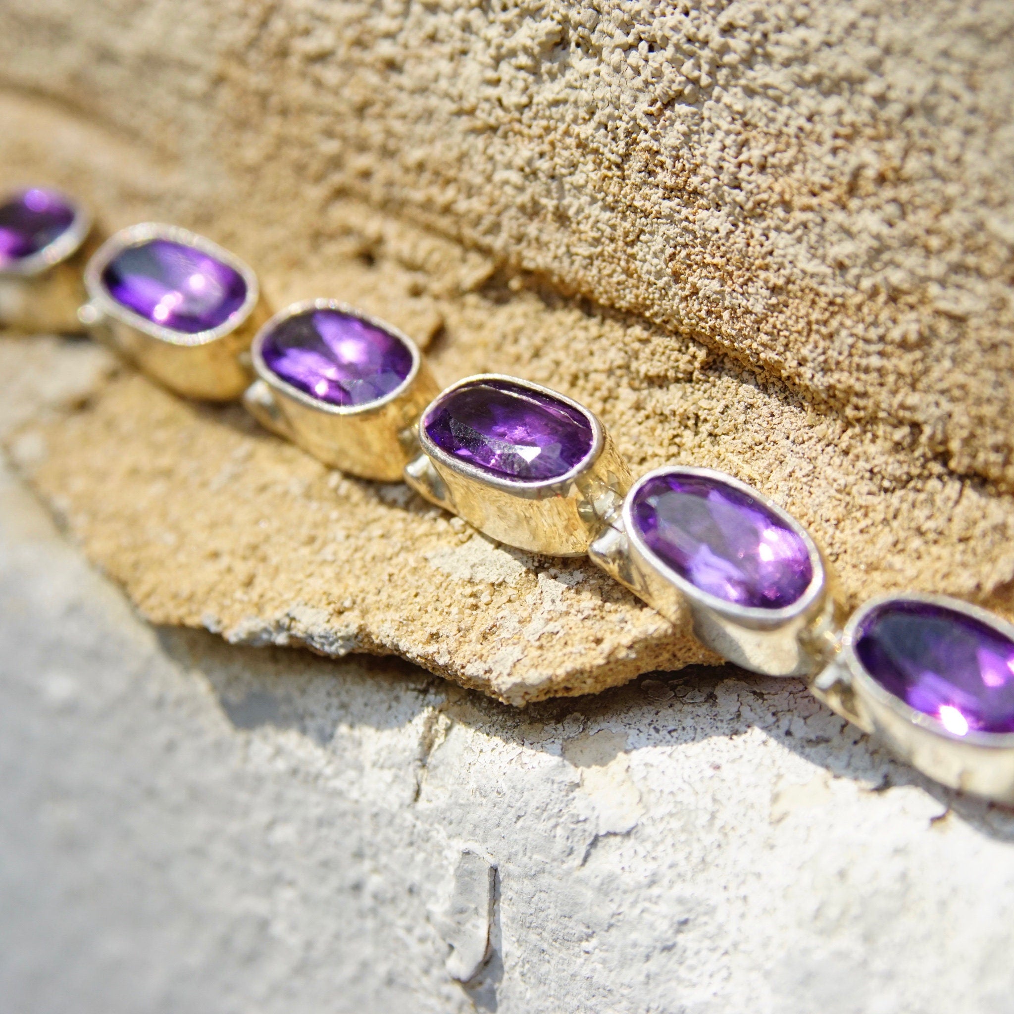 Vintage Sterling Silver Amethyst Tennis Bracelet, Oval Cut Amethyst Stones, Bezel Set Gemstone Bracelet, Signed INDO KC 925, 8" Long