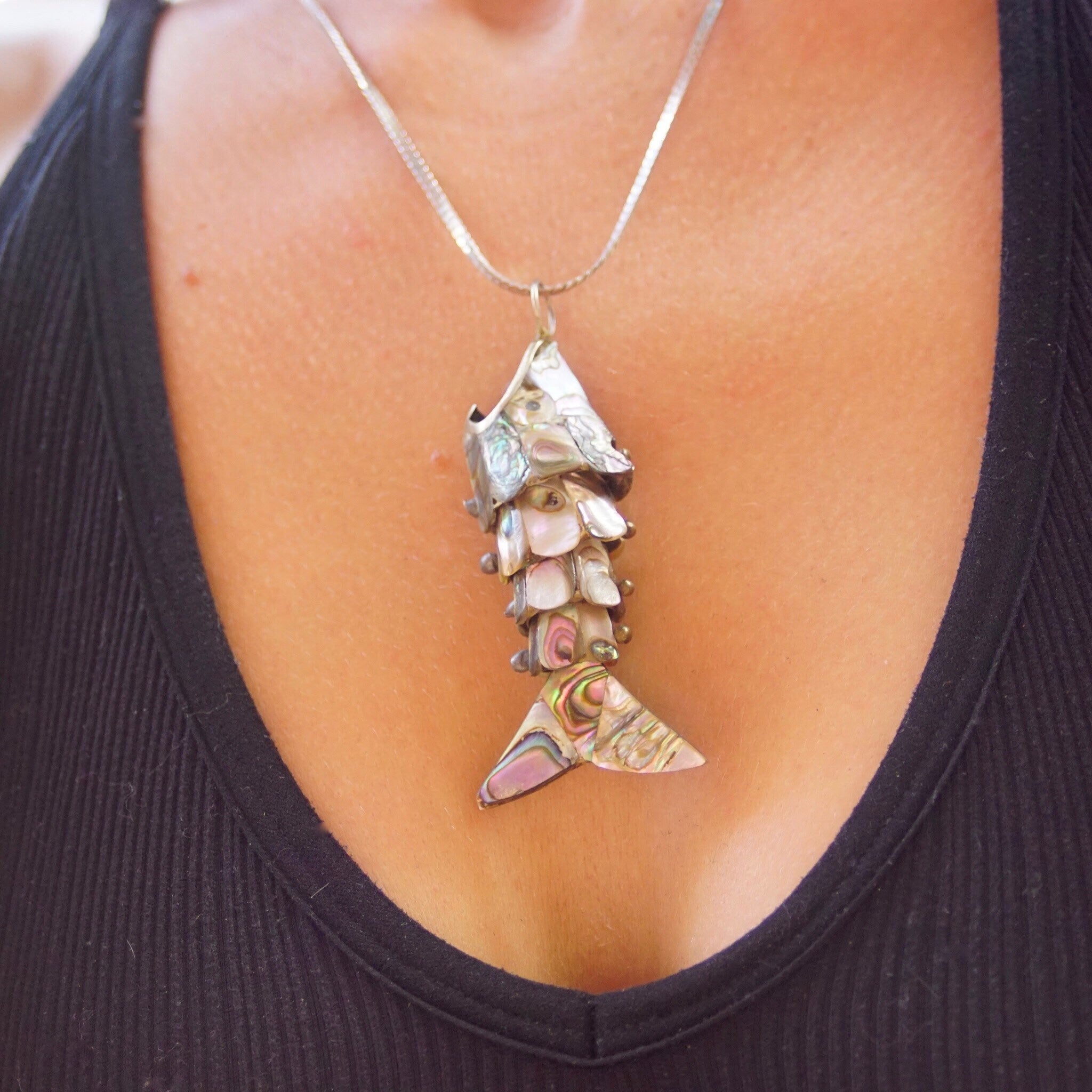 Vintage Articulated Abalone & Silver Fish Bottle Opener/Pendant, Iridescent Shell Inlay, Key Chain Bottle Opener, 3D Fish Pendant
