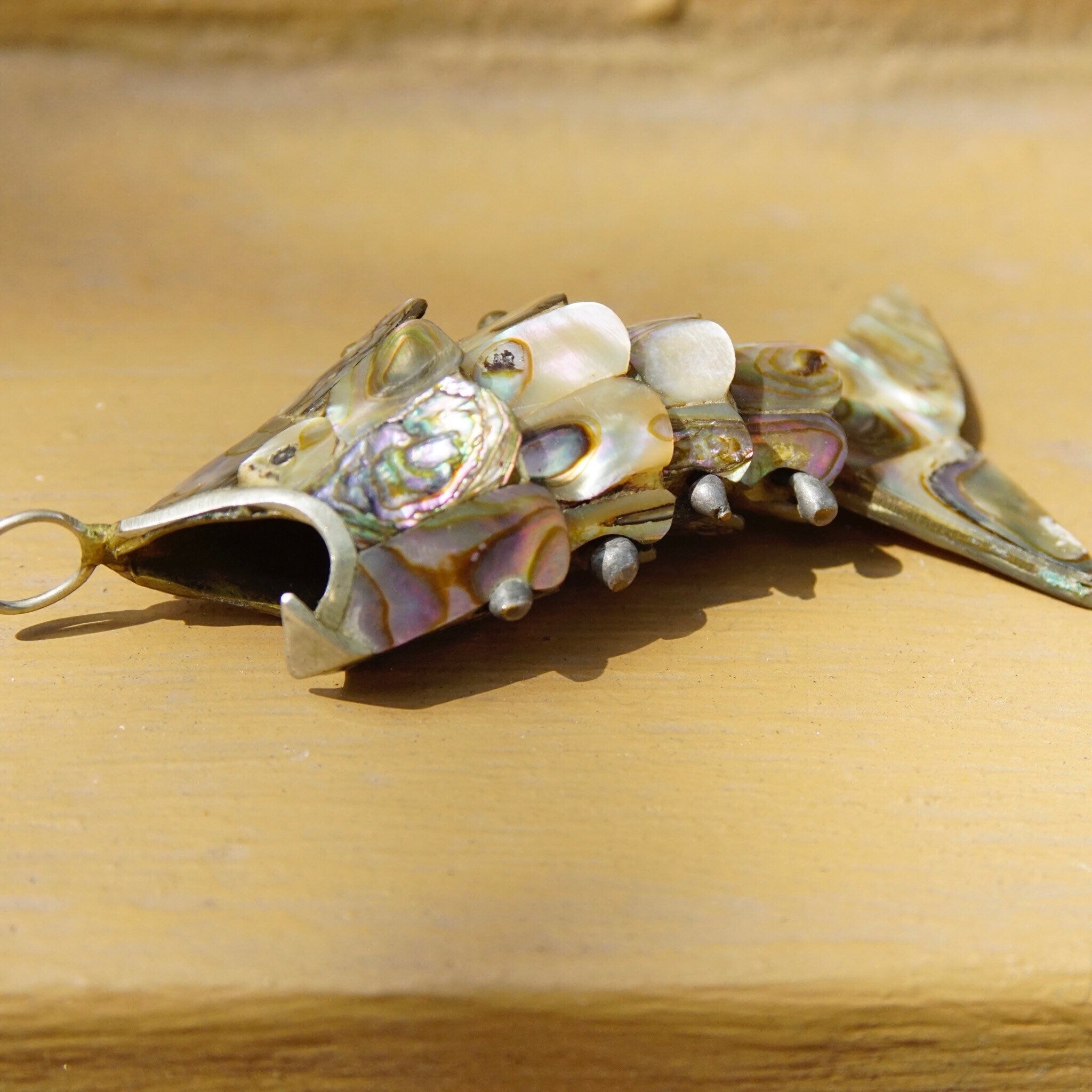 Vintage Articulated Abalone & Silver Fish Bottle Opener/Pendant, Iridescent Shell Inlay, Key Chain Bottle Opener, 3D Fish Pendant