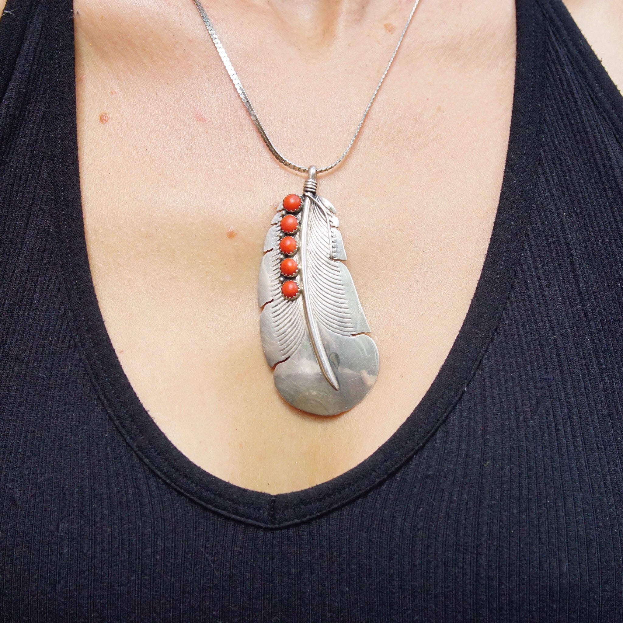Brooch, Large Hammered Silver Feather, Navajo Jewelry, 925